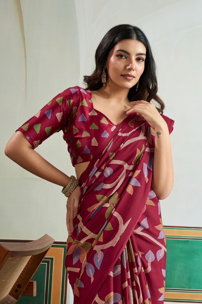 MySilkLove Claret Maroon Modal Ajrakh Printed Satin Silk Saree