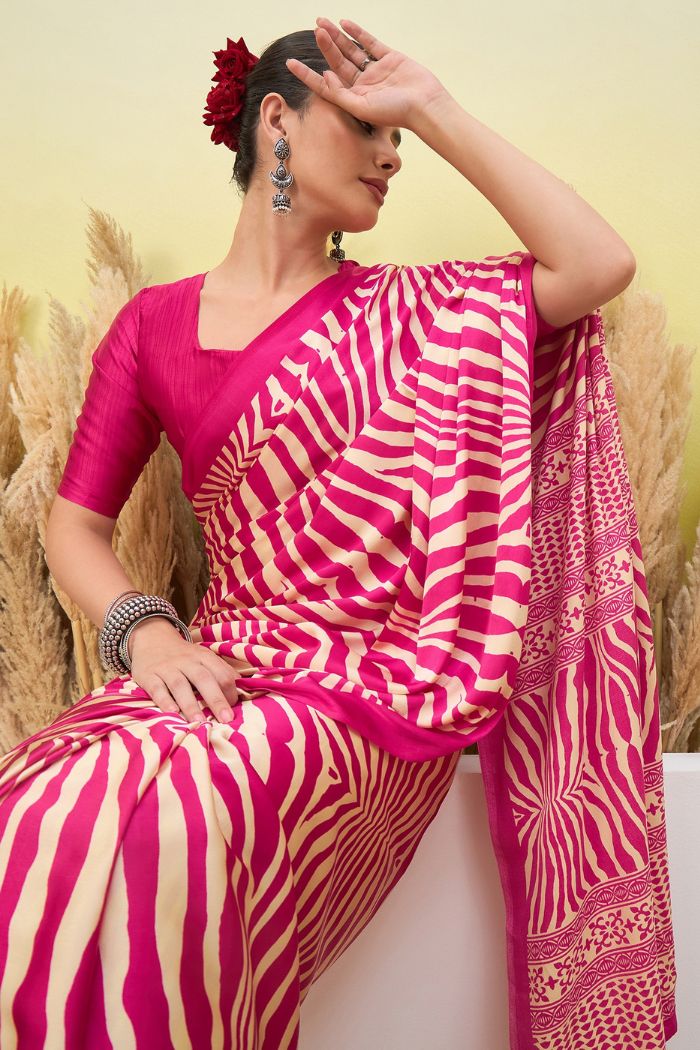 Buy MySilkLove Candy Pink Modal Ajrakh Satin Printed Silk Saree Online