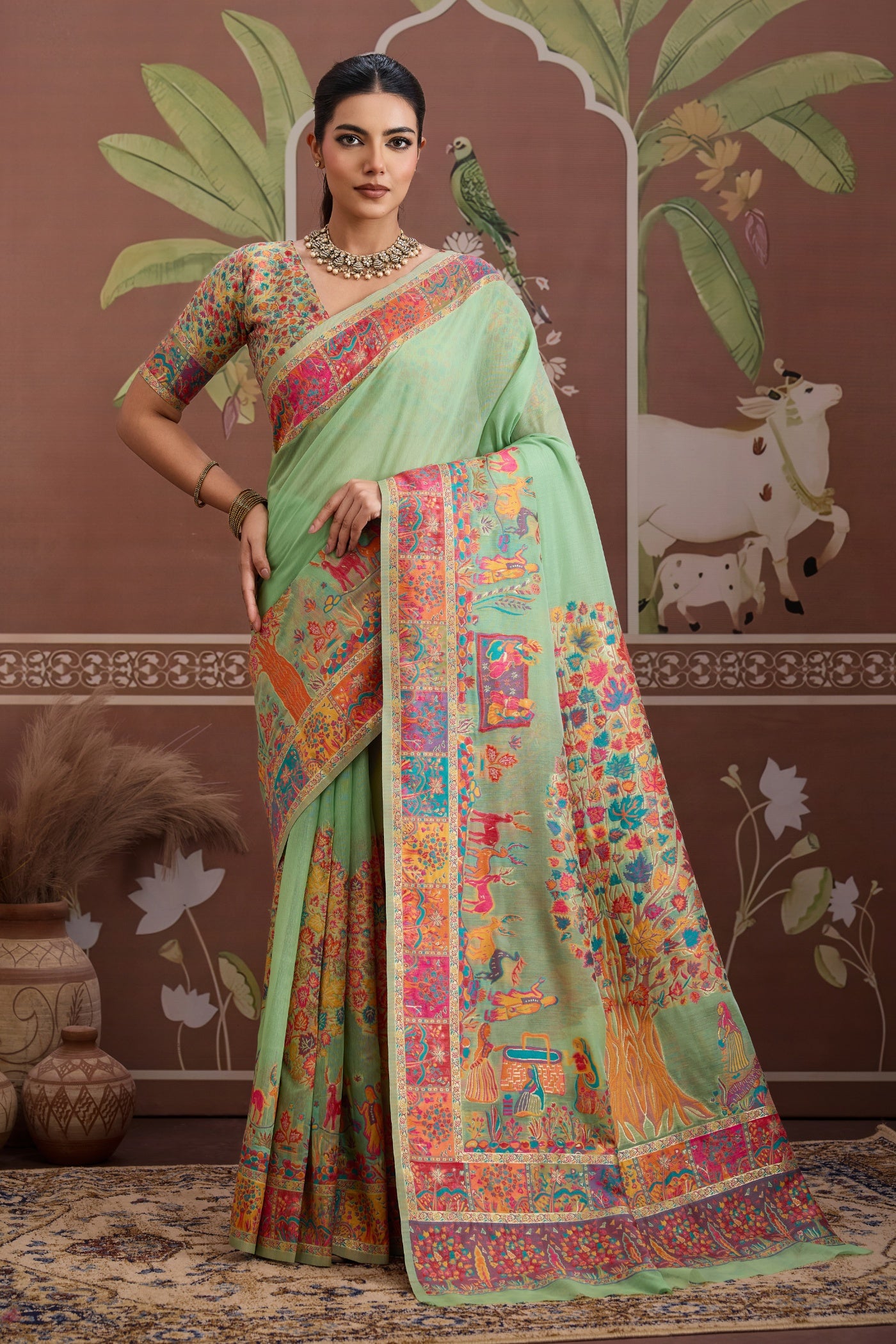Buy MySilkLove Pista Green Kashmiri Handllom Jamewar Saree Online