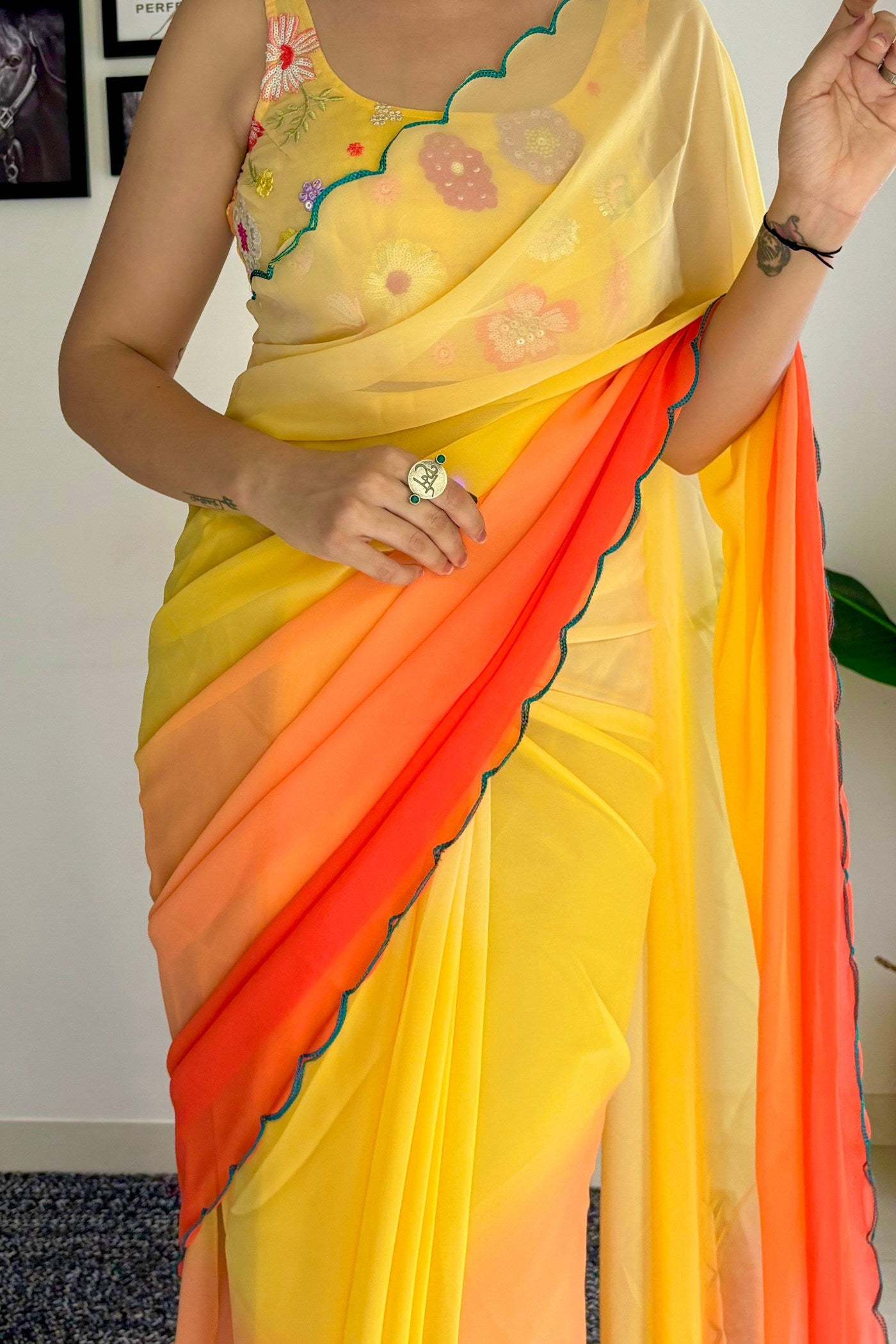 Buy MySilkLove Titanium Yellow Georgette Saree Online