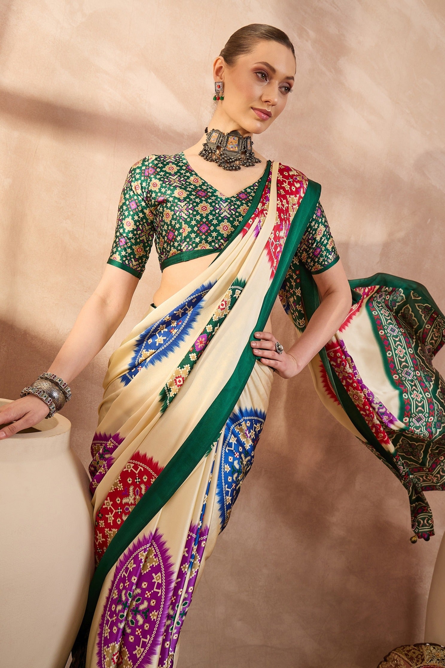 Buy MySilkLove Buttery Cream and Green Modal Ajrakh Printed Silk Saree Online