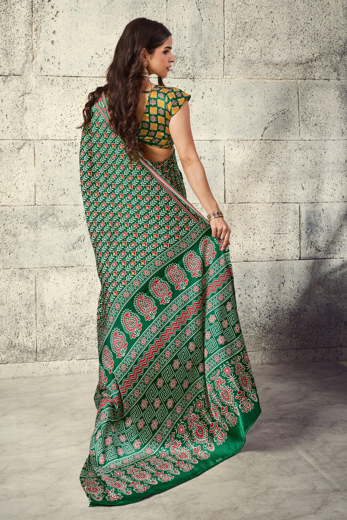 Buy MySilkLove Myrtle Green Modal Ajrakh Satin Printed Silk Saree Online