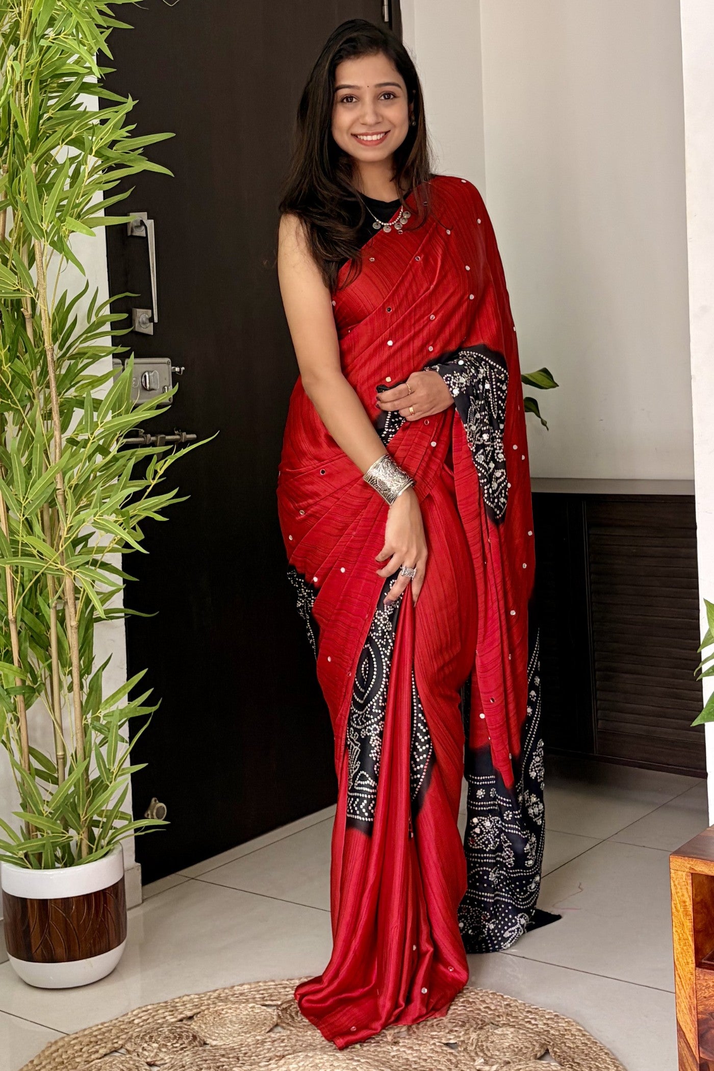 Buy MySilkLove Ruby Red and Black Gaji Bandej Satin Soft Silk Saree Online