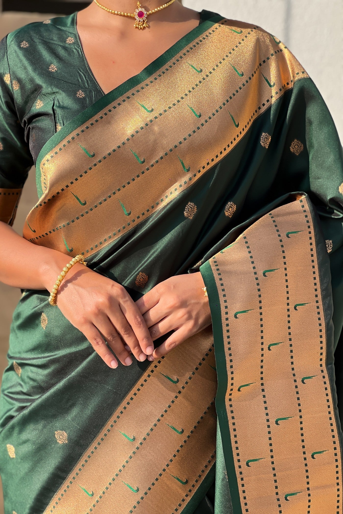 MySilkLove Everglade Green Woven Paithani Saree