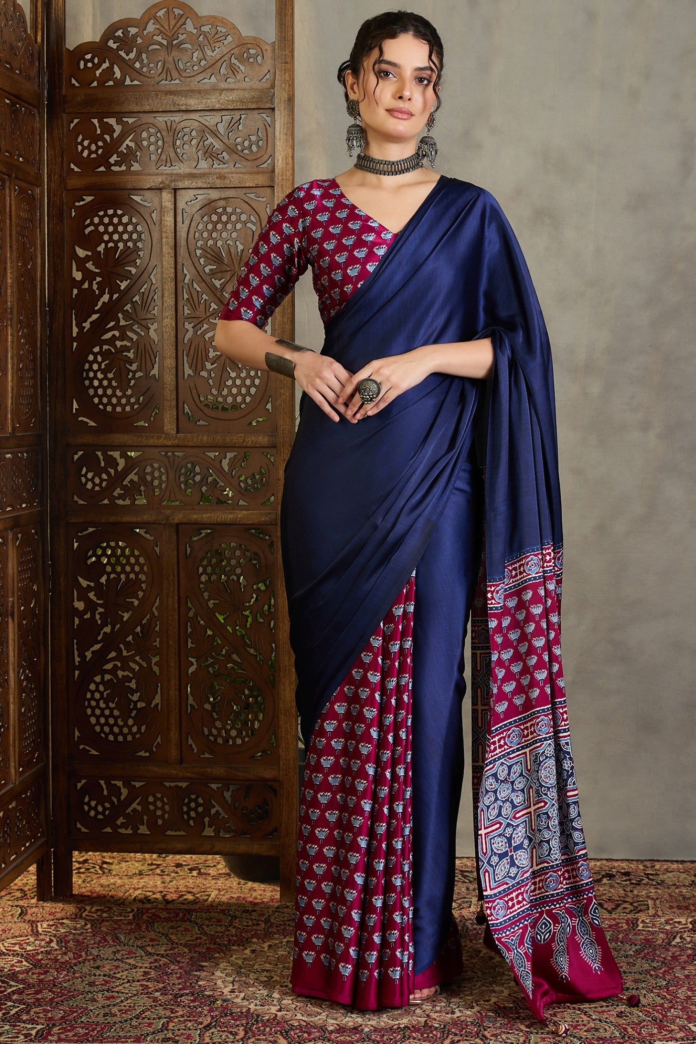 Buy MySilkLove Navy Blue and Purple Ajrakh Printed Satin Crepe Silk Saree Online