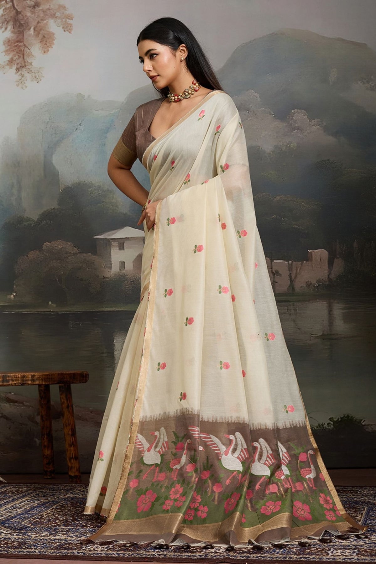Buy MySilkLove Snowdrop White Cotton Handloom Swan Saree Online