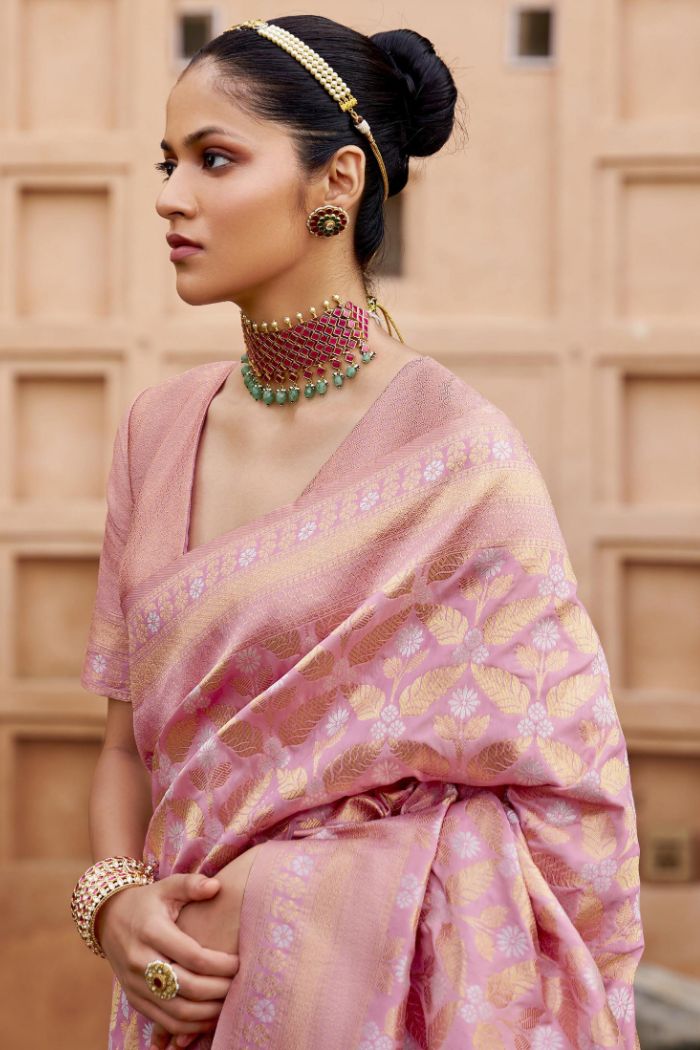 Buy MySilkLove Shimmer Pink Woven Banarasi Saree Online