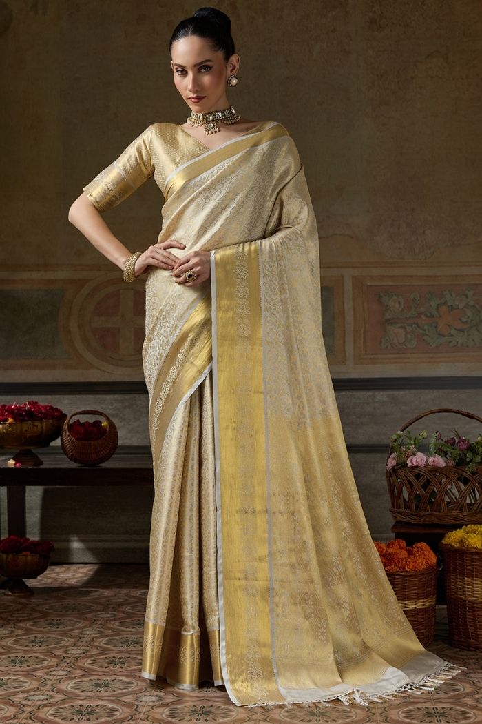 Buy MySilkLove Milk White Woven Kanjivaram Saree Online