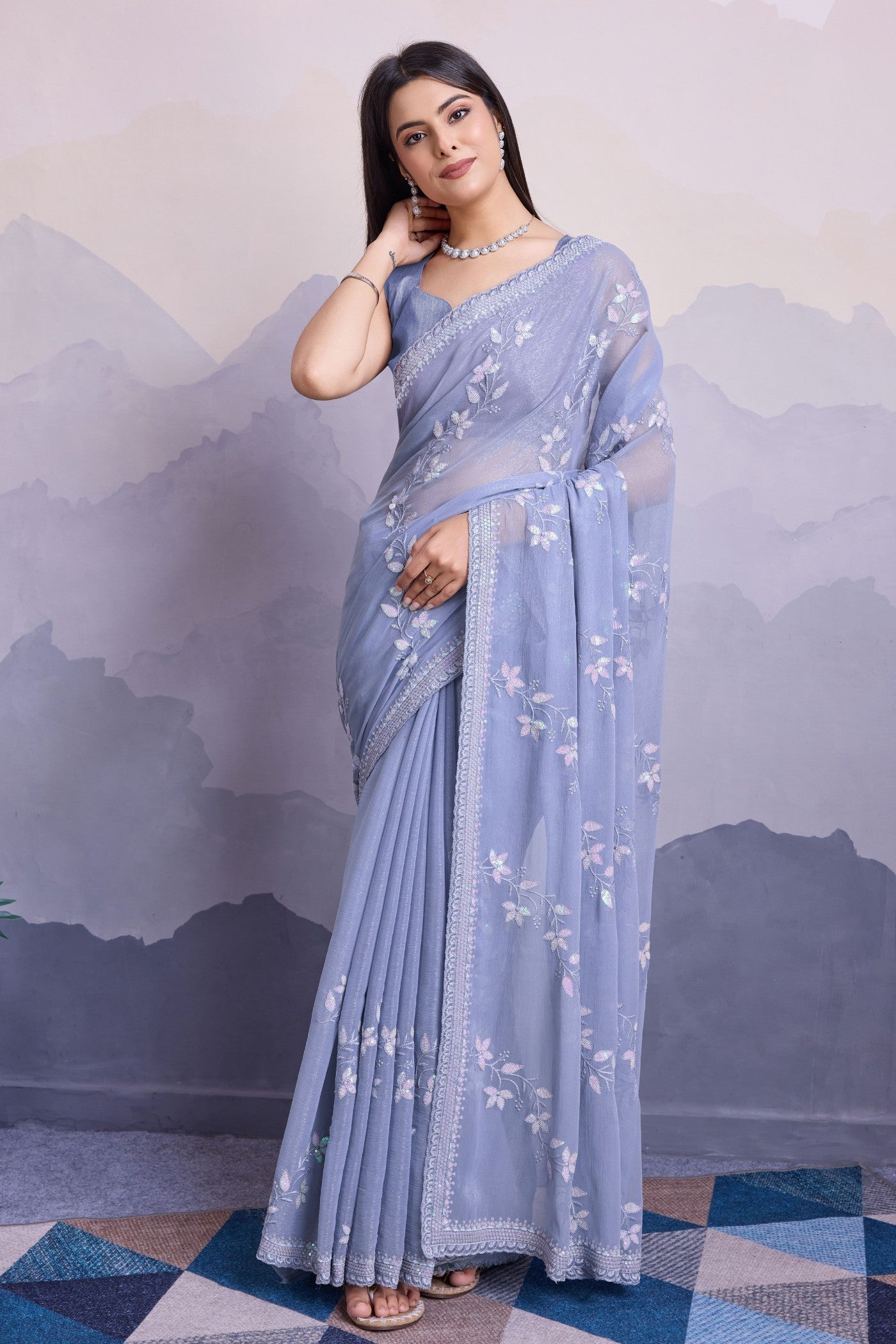 Buy MySilkLove Columbia Blue Embroidered Designer Chiffon Saree Online