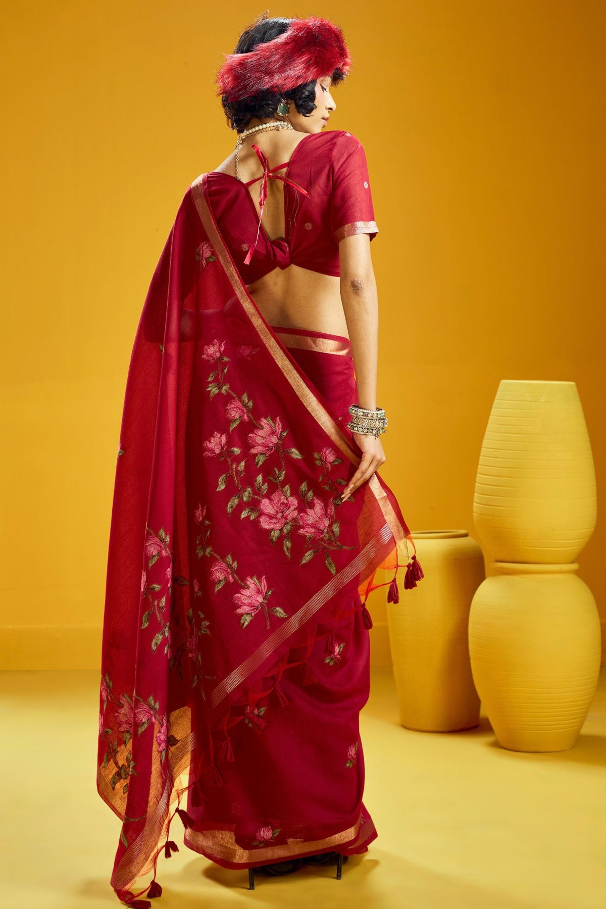 Buy MySilkLove Cherry Red Handloom Muga Cotton Saree Online