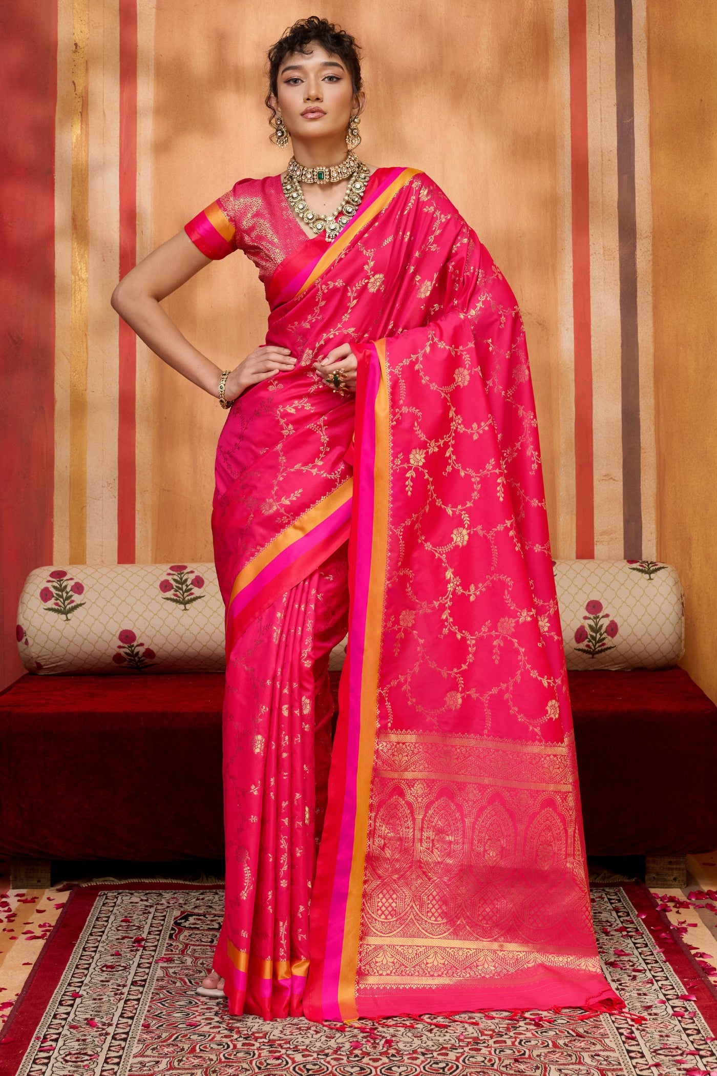 Buy MySilkLove Hibiscus Pink Handloom Satin Soft Silk Saree Online