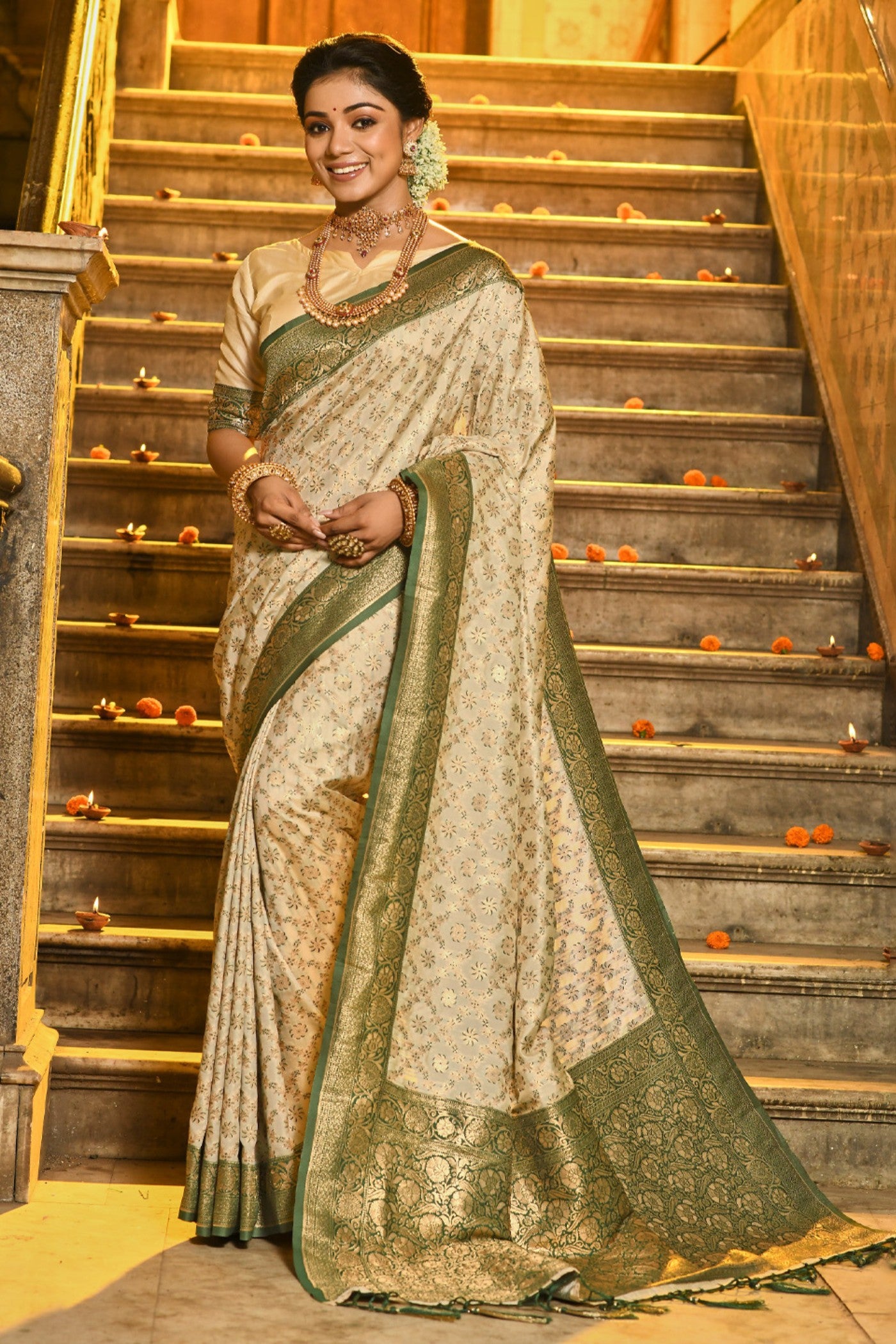 Buy MySilkLove Oat Cream Woven Banarasi Saree Online