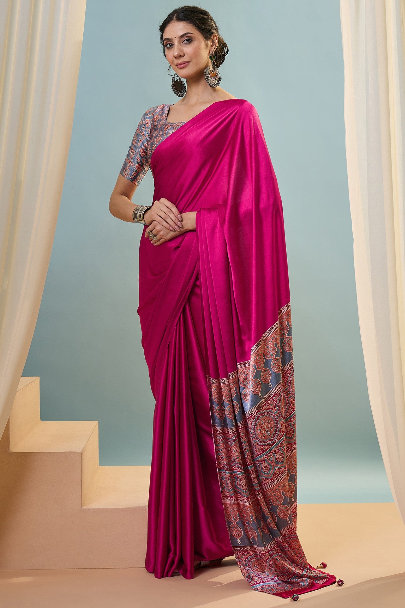 Buy MySilkLove Moonhex Pink Ajrakh Printed Satin Crepe Silk Saree Online