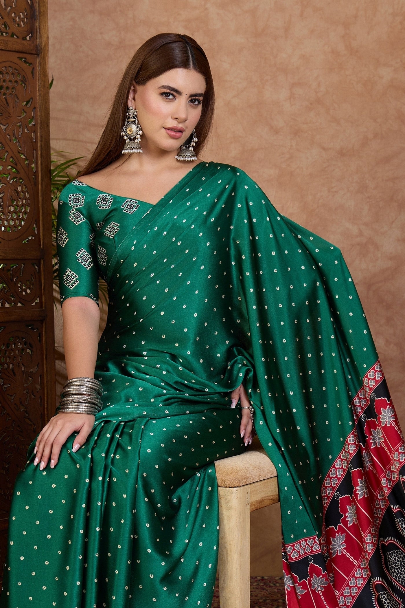 Buy MySilkLove Marrs Green Ajrakh Printed Satin Crepe Silk Saree Online