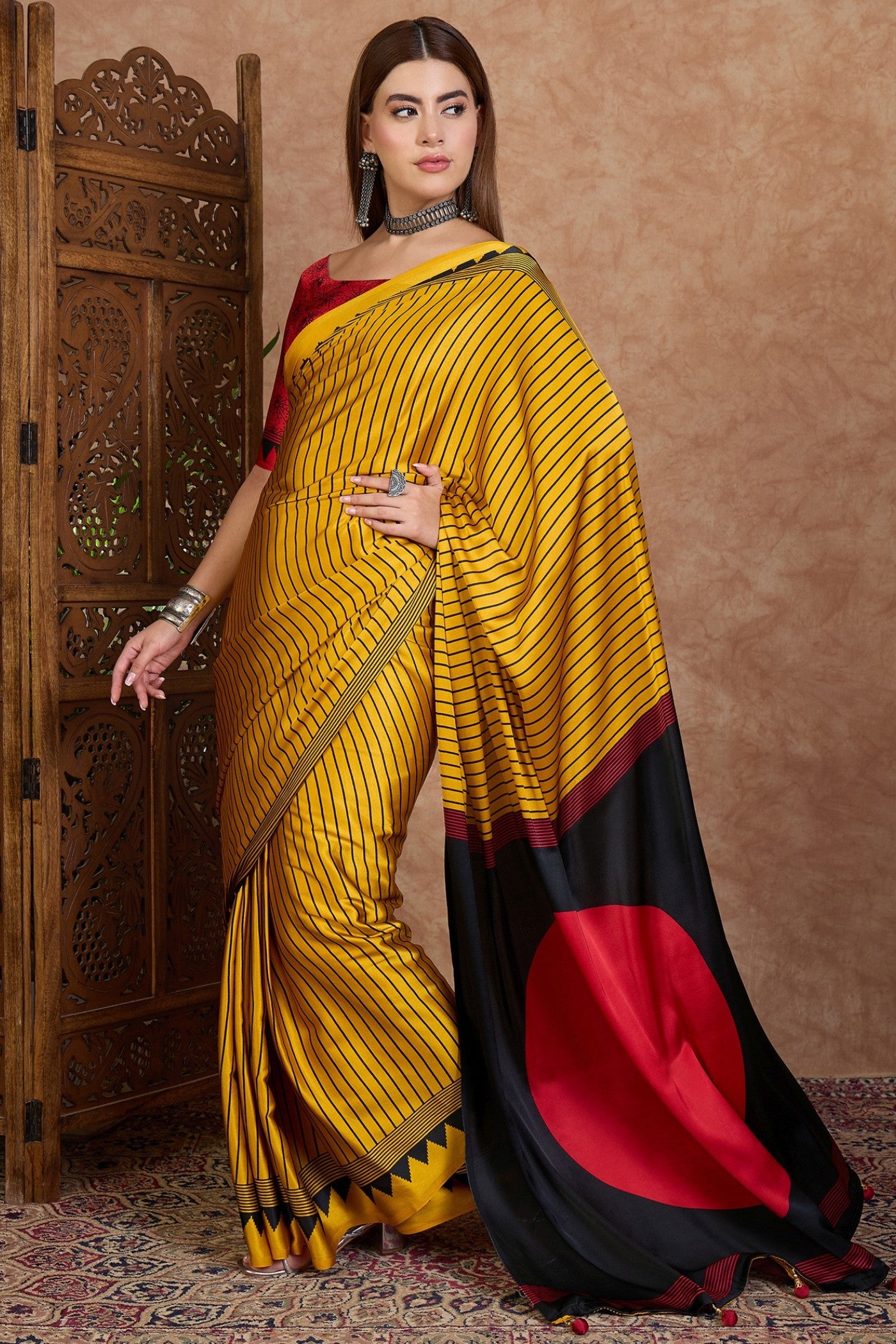 Buy MySilkLove Husk Yellow and Black Stripe Ajrakh Printed Satin Crepe Silk Saree Online
