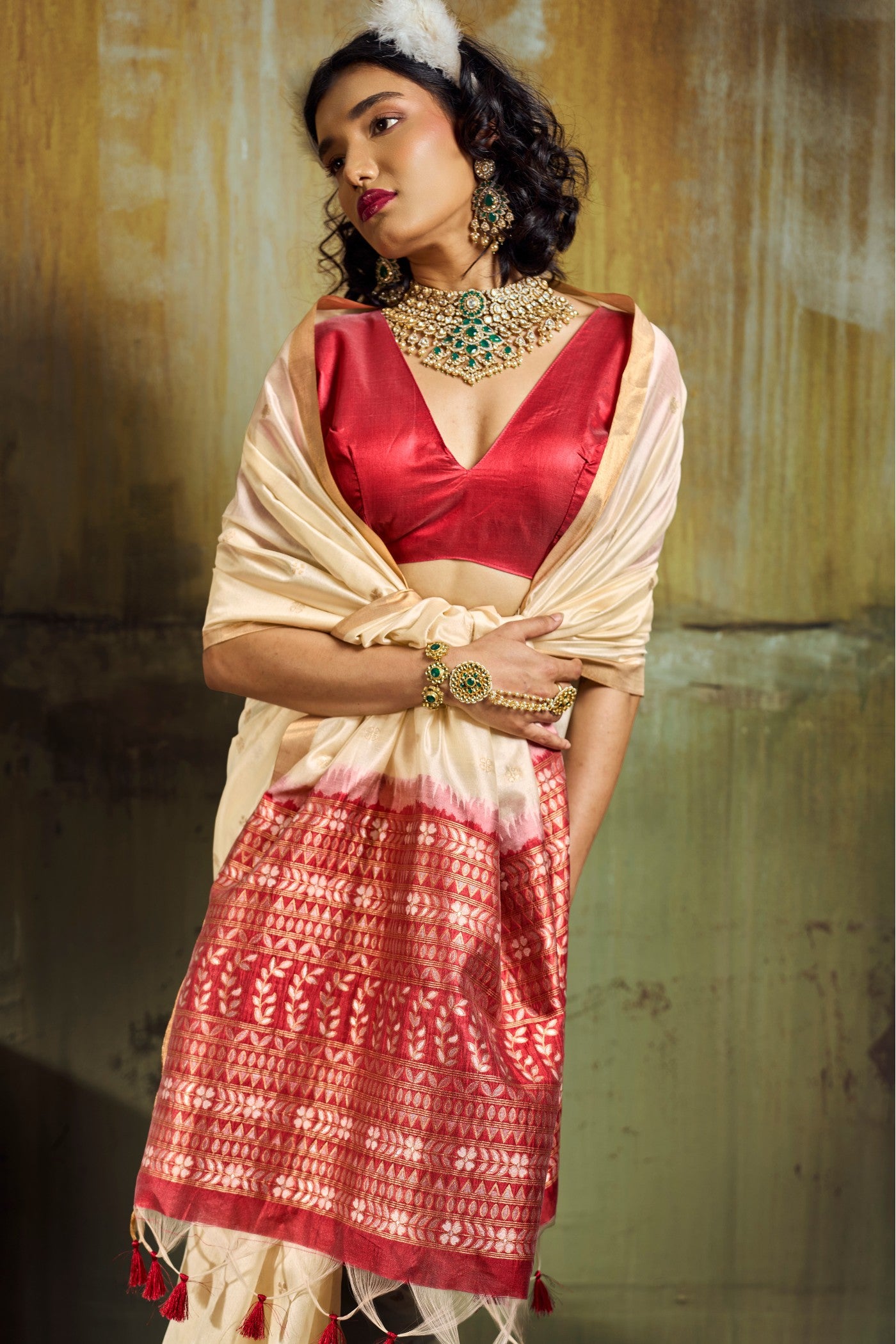 MySilkLove Milk White Tussar Handloom Silk Saree