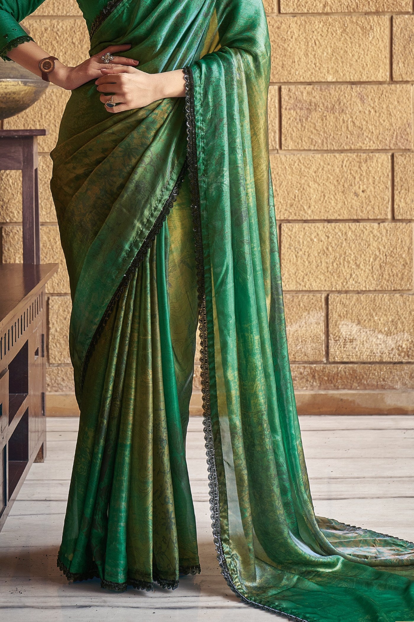 Buy MySilkLove Amazon Green Satin Printed Silk Saree Online