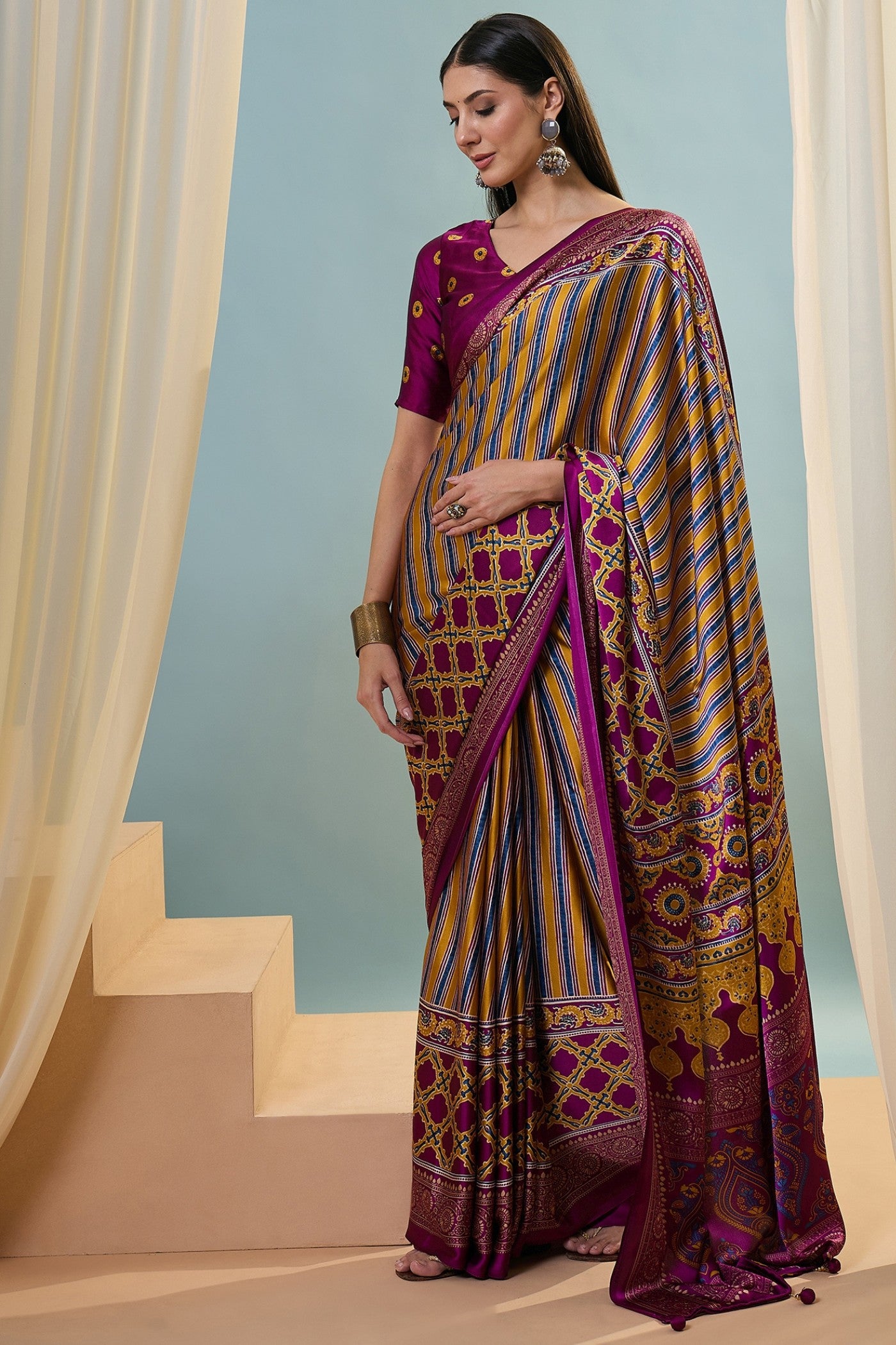 Buy MySilkLove Vesper Purple Ajrakh Printed Satin Crepe Silk Saree Online