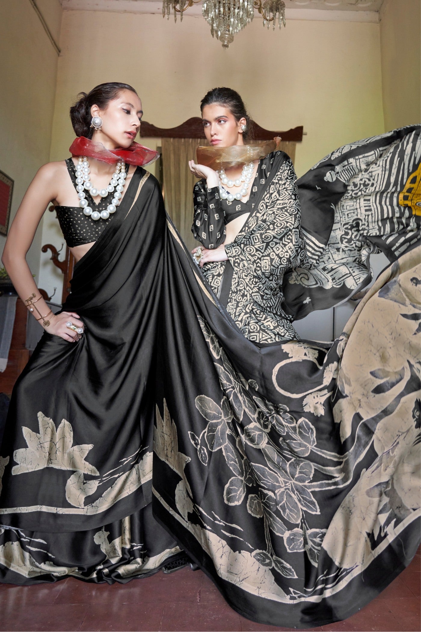Buy MySilkLove Ink Black and White Printed Satin Crepe Silk Saree Online