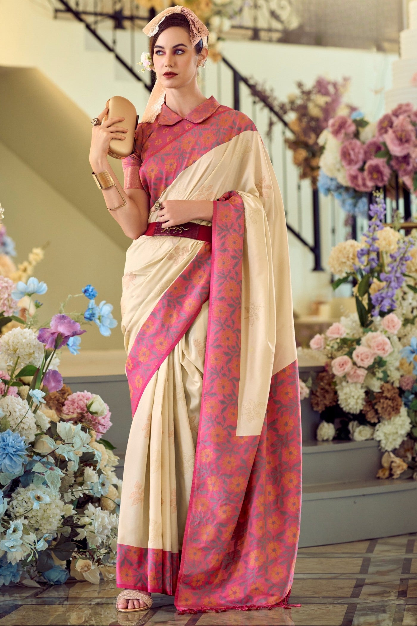 Buy MySilkLove Sidecar Cream Woven Banarasi Soft Silk Saree Online