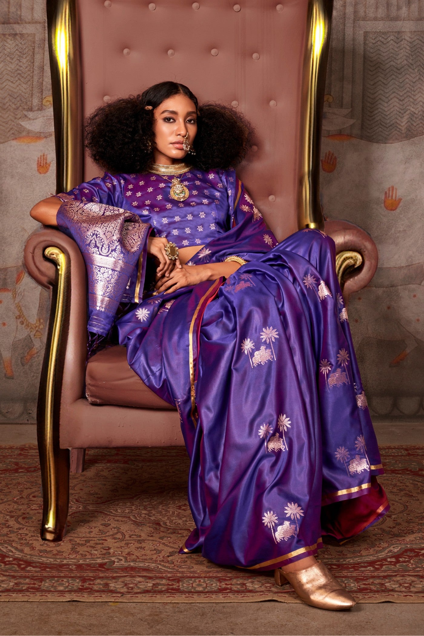 MySilkLove Violet Purple Banarasi Pichwai Satin Saree