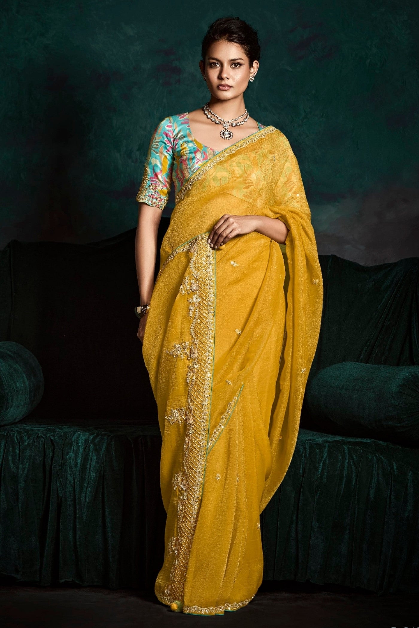 Buy MySilkLove Sun Yellow Embroidered Tissue Designer Saree Online