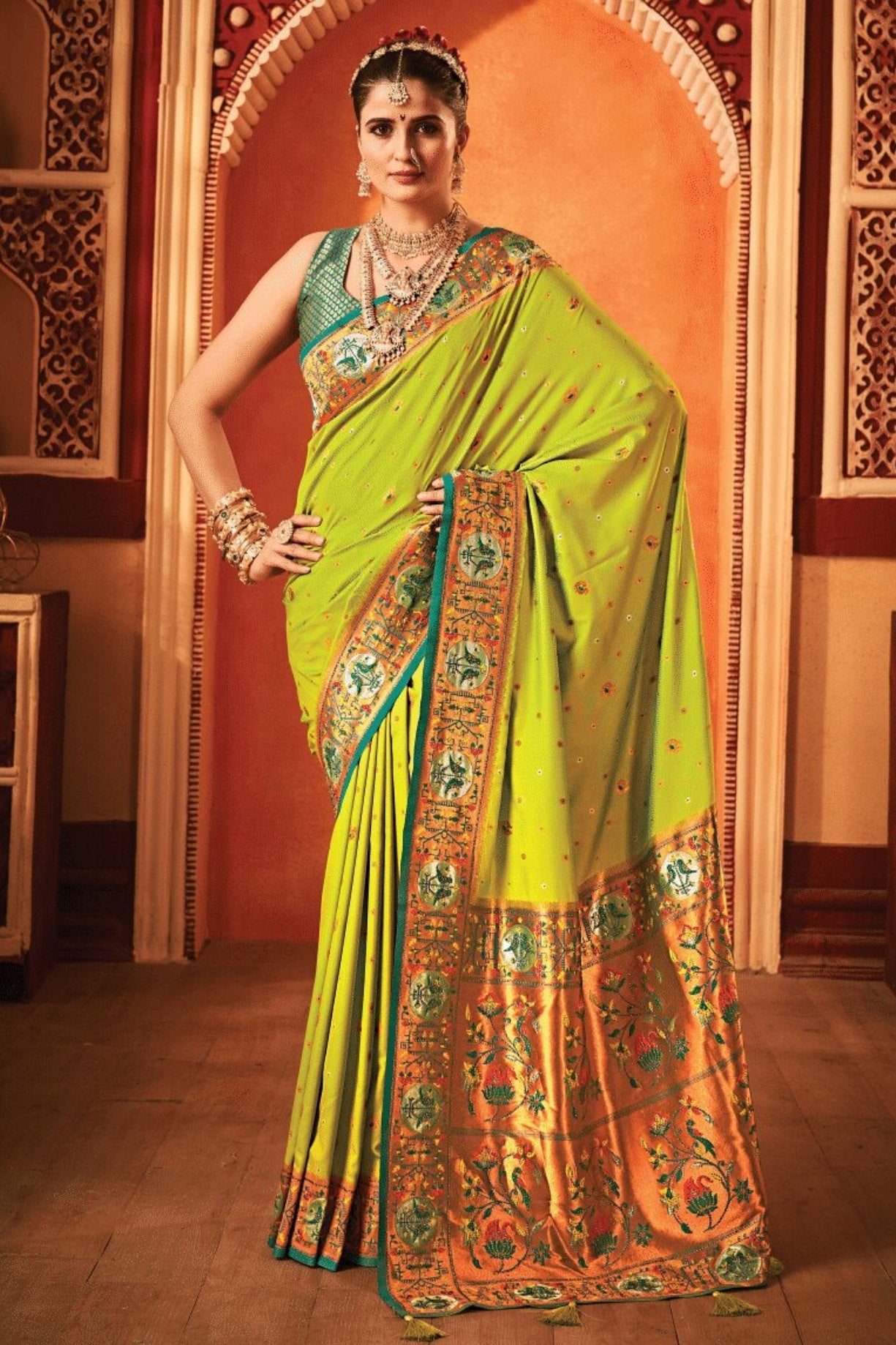 Buy MySilkLove Key Lime Pie Green Woven Paithani Saree Online