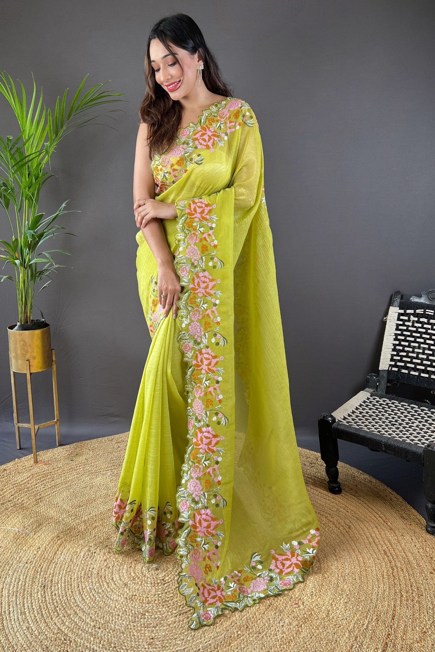 Buy MySilkLove Lwan Green Embroidered Party Wear Saree Online