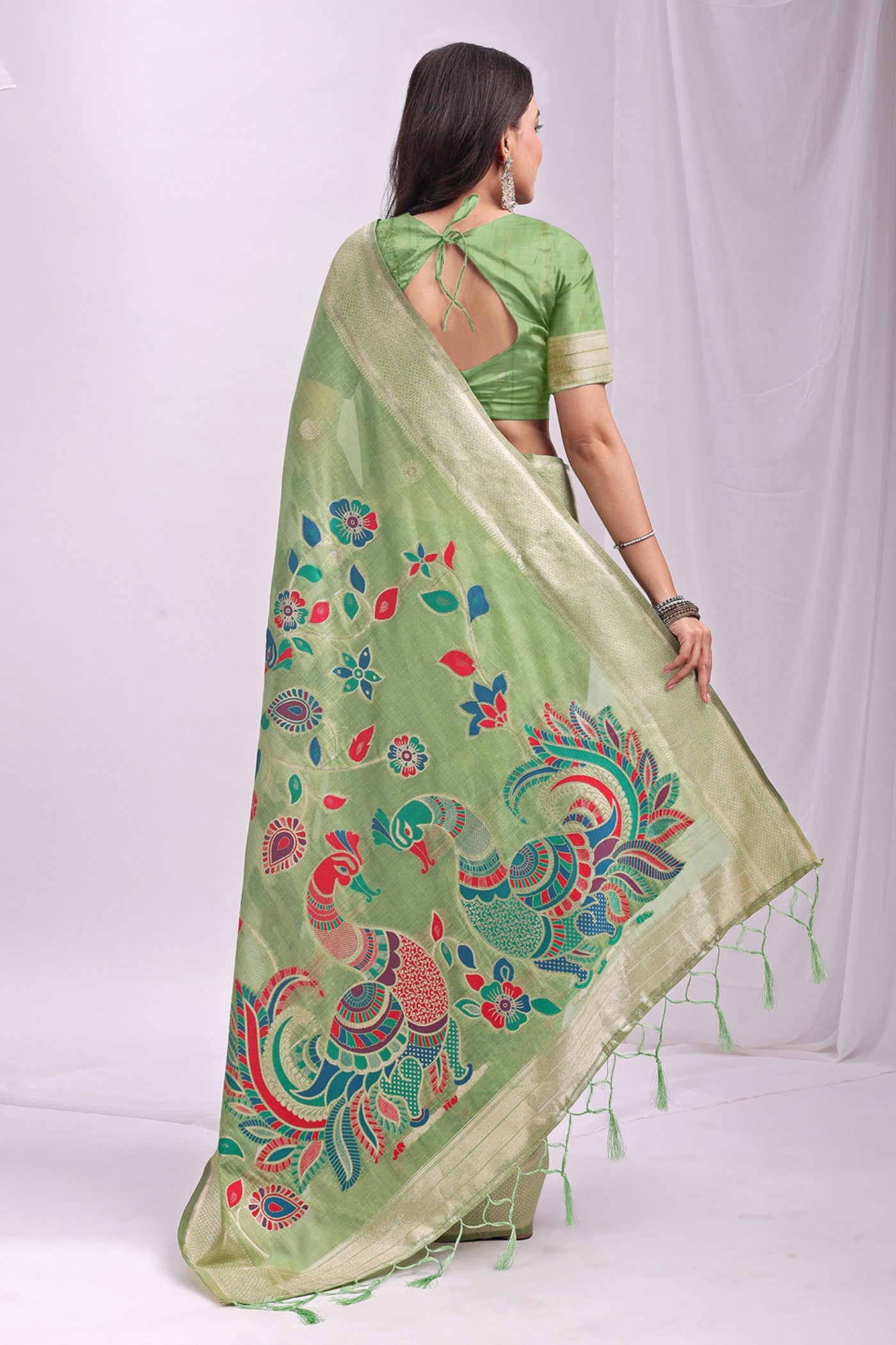 Buy MySilkLove Pistachio Green Woven Linen Cotton Saree Online