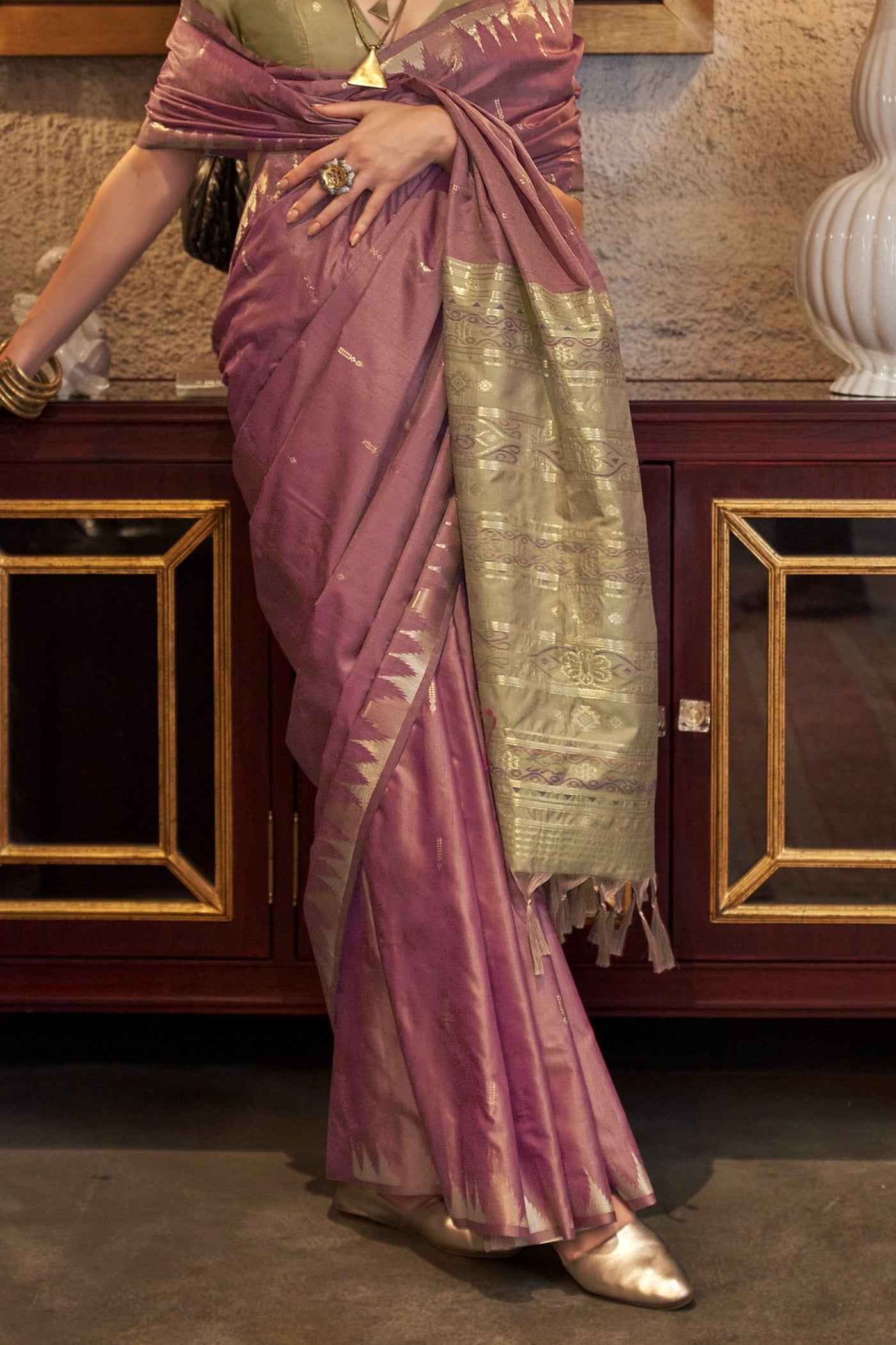 Buy MySilkLove Spanish Rose Pink Woven Linen Saree Online