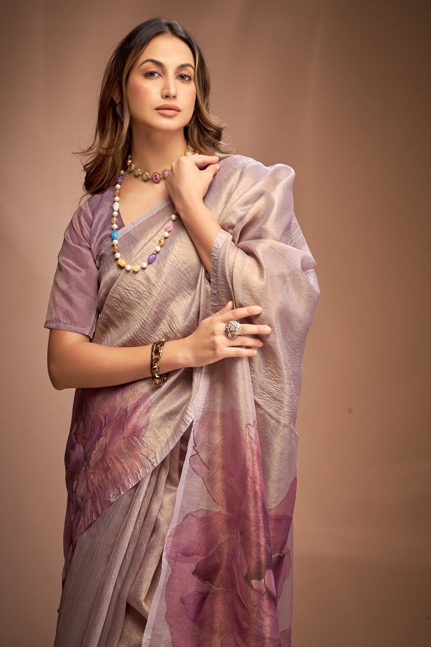 Buy MySilkLove Clematis Purple Printed Tissue Saree Online