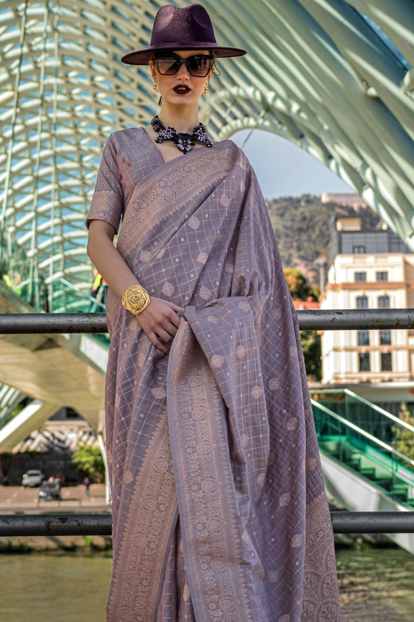 Buy MySilkLove Mamba Purple and Grey Banarasi Handloom Saree Online