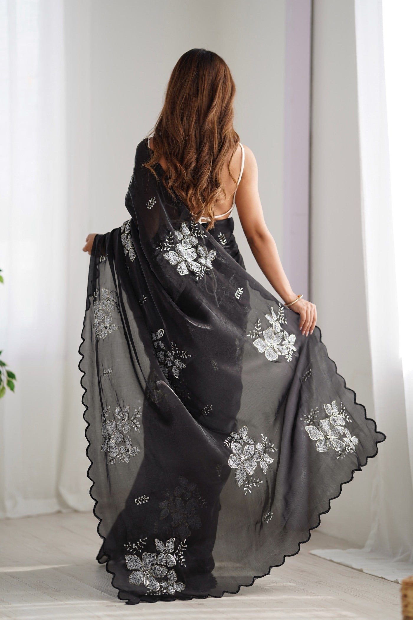 Buy MySilkLove Carbon Black Floral Partywear Saree Online