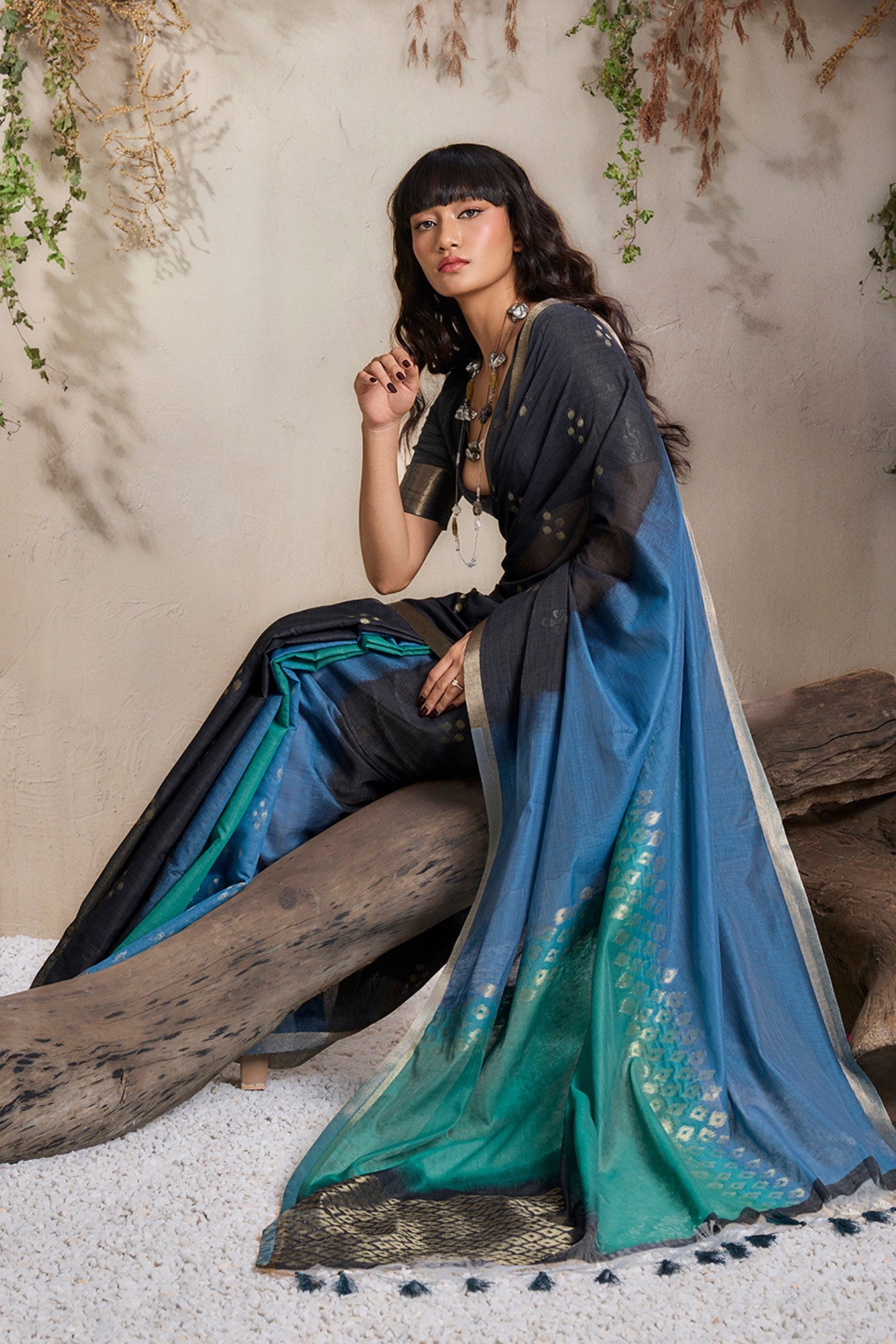 Buy MySilkLove Phantom Black and Blue Handloom Cotton Saree Online