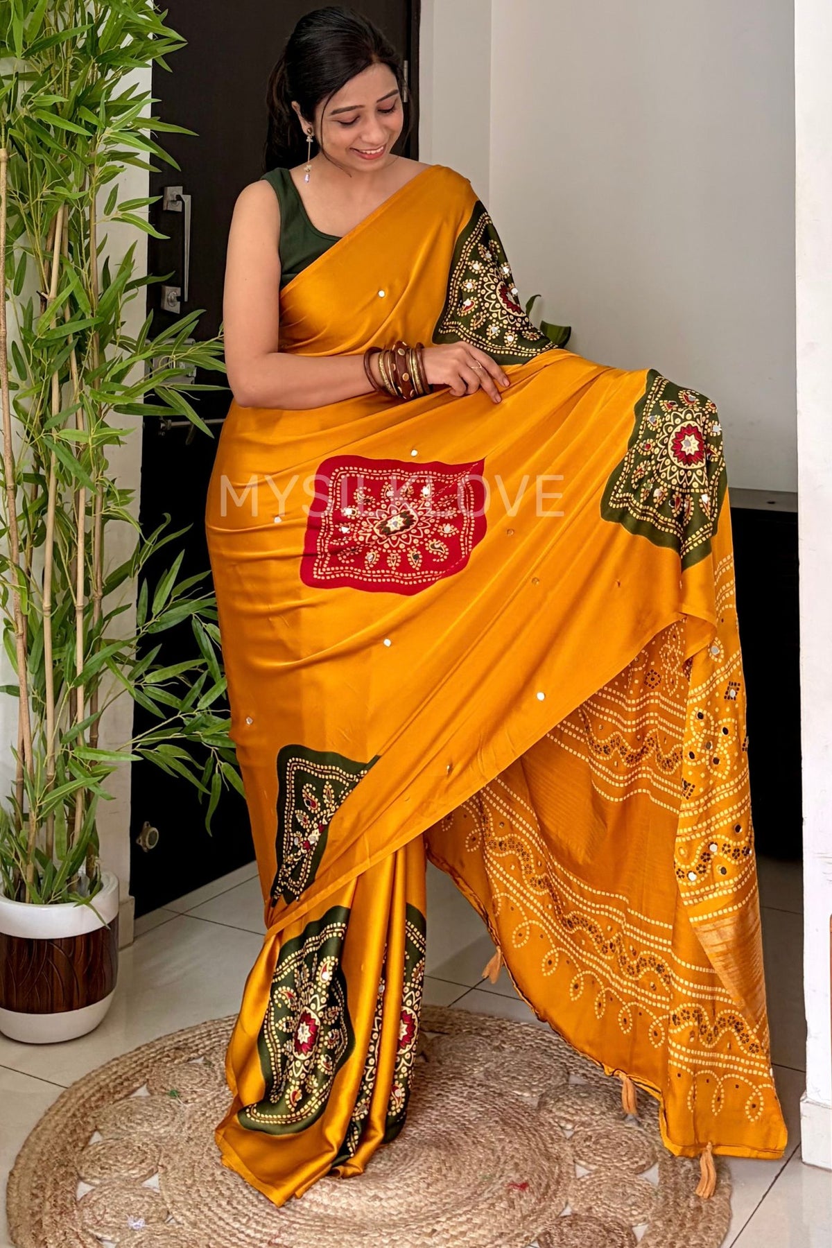 Buy MySilkLove Canary Yellow Satin Printed Bandhani Mirror Work Saree Online