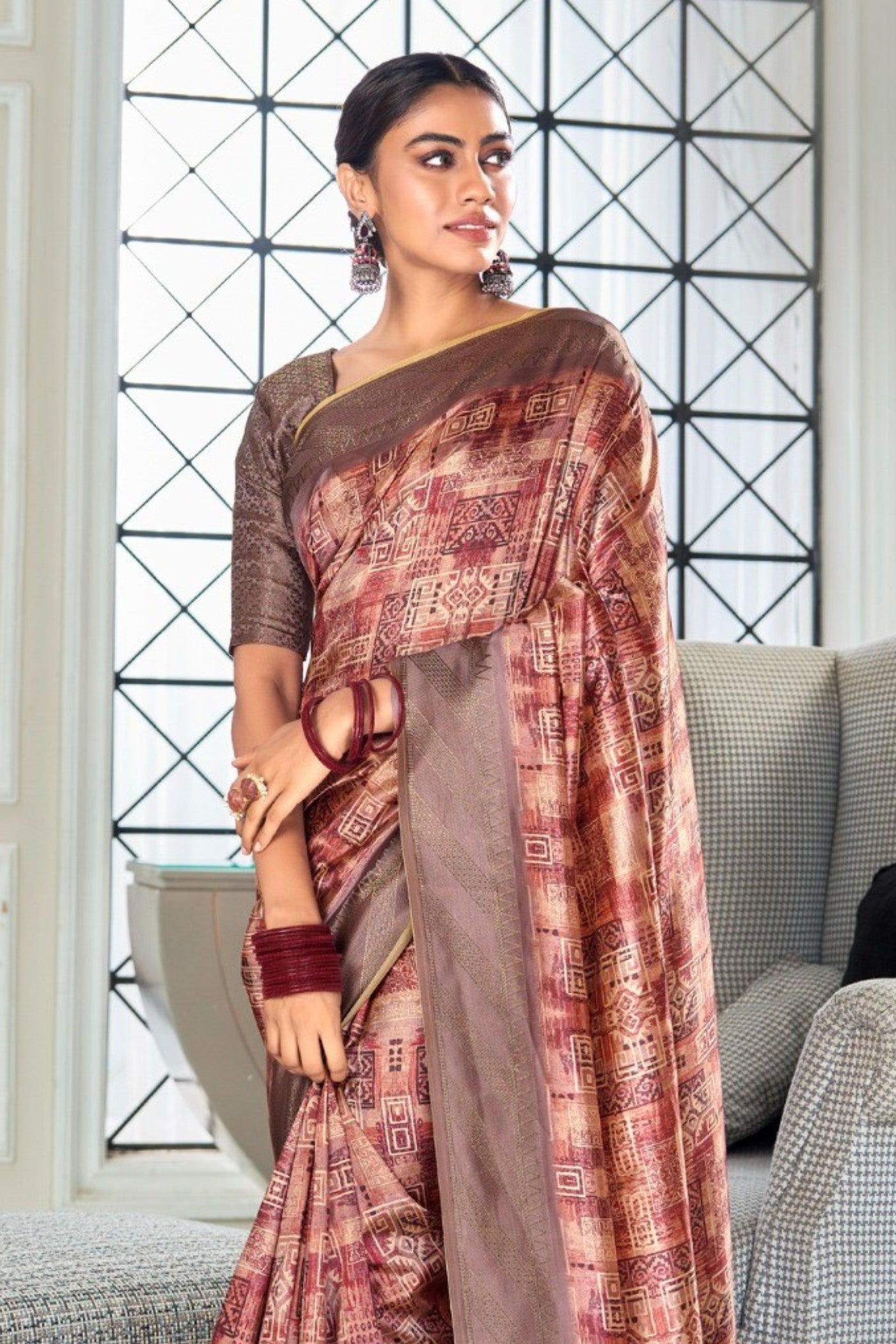 Buy MySilkLove Copper Penny Brown Digital Printed Banarasi Saree Online