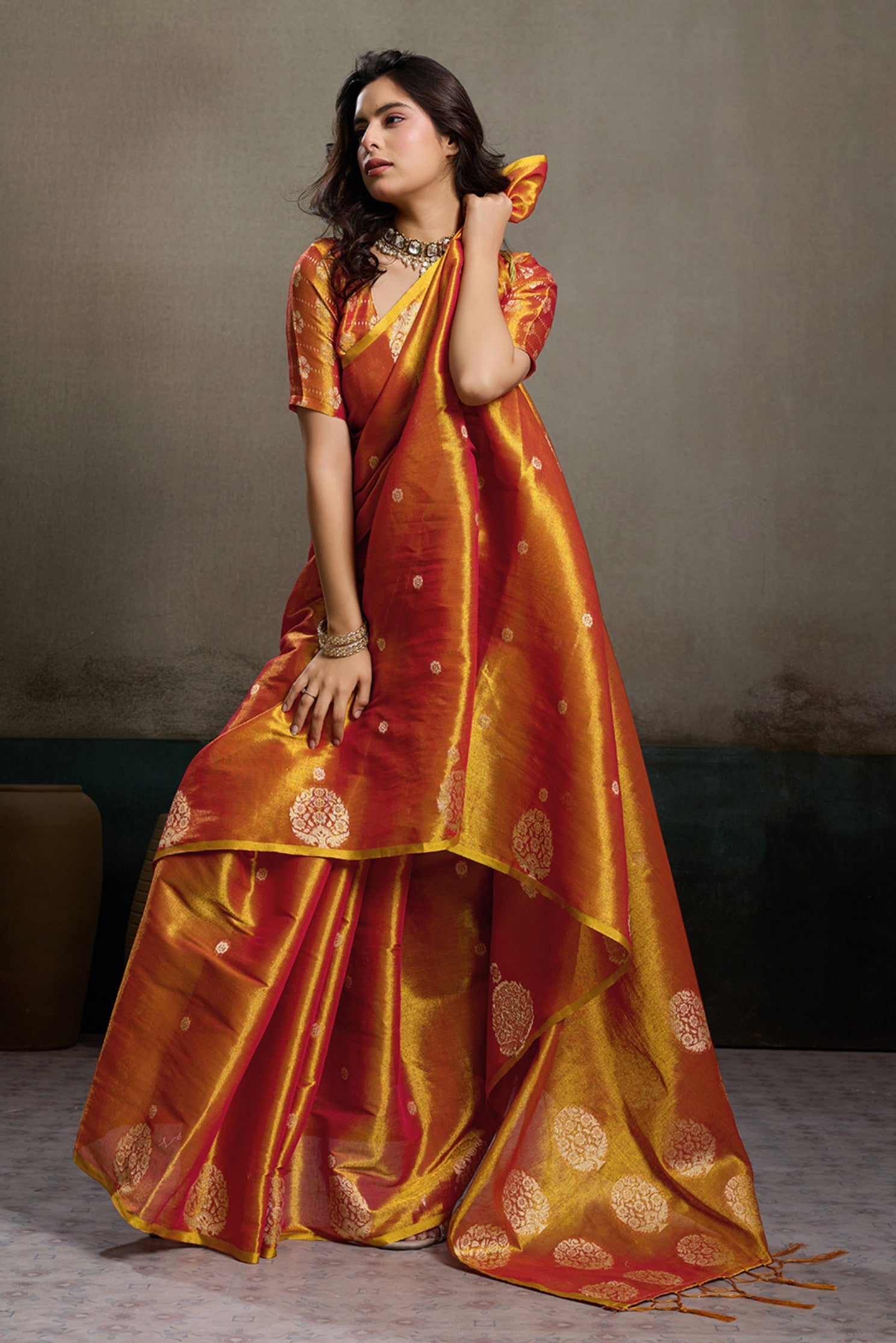 Buy MySilkLove Terracotta Orange Woven Tissue Saree Online