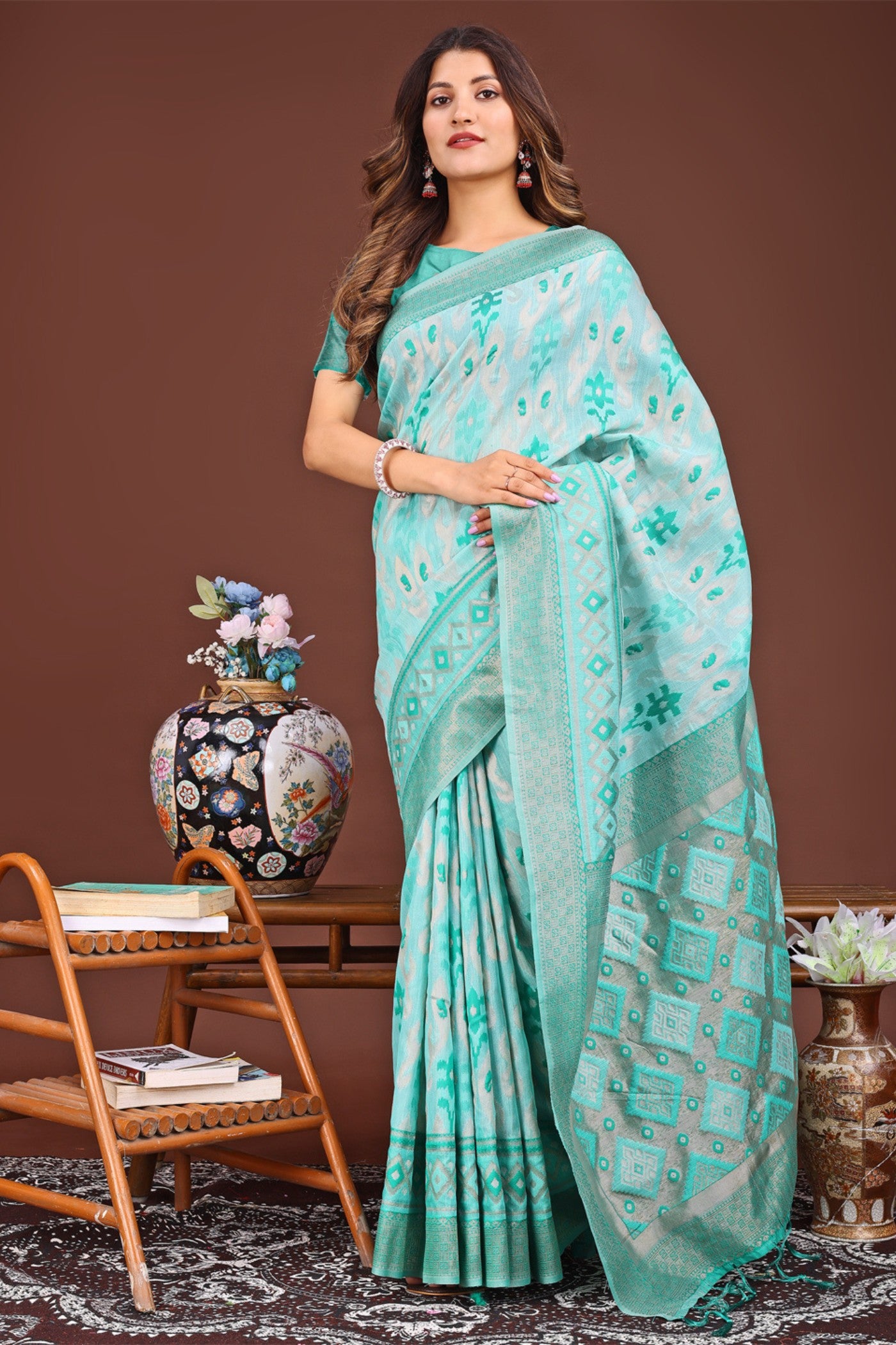 MySilkLove Iris Light Blue Woven Linen Cotton Saree