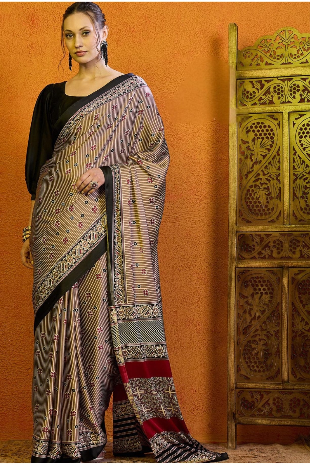 Buy MySilkLove Americano Grey Printed Ajrakh Satin Crepe Saree Online