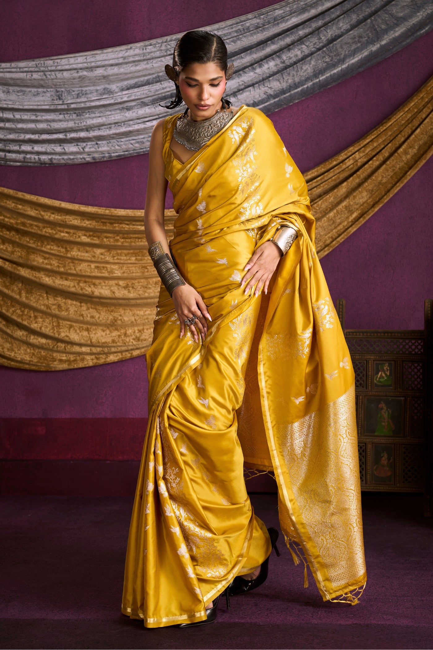 Buy MySilkLove Lemon Yellow Handloom Satin Silk Saree Online