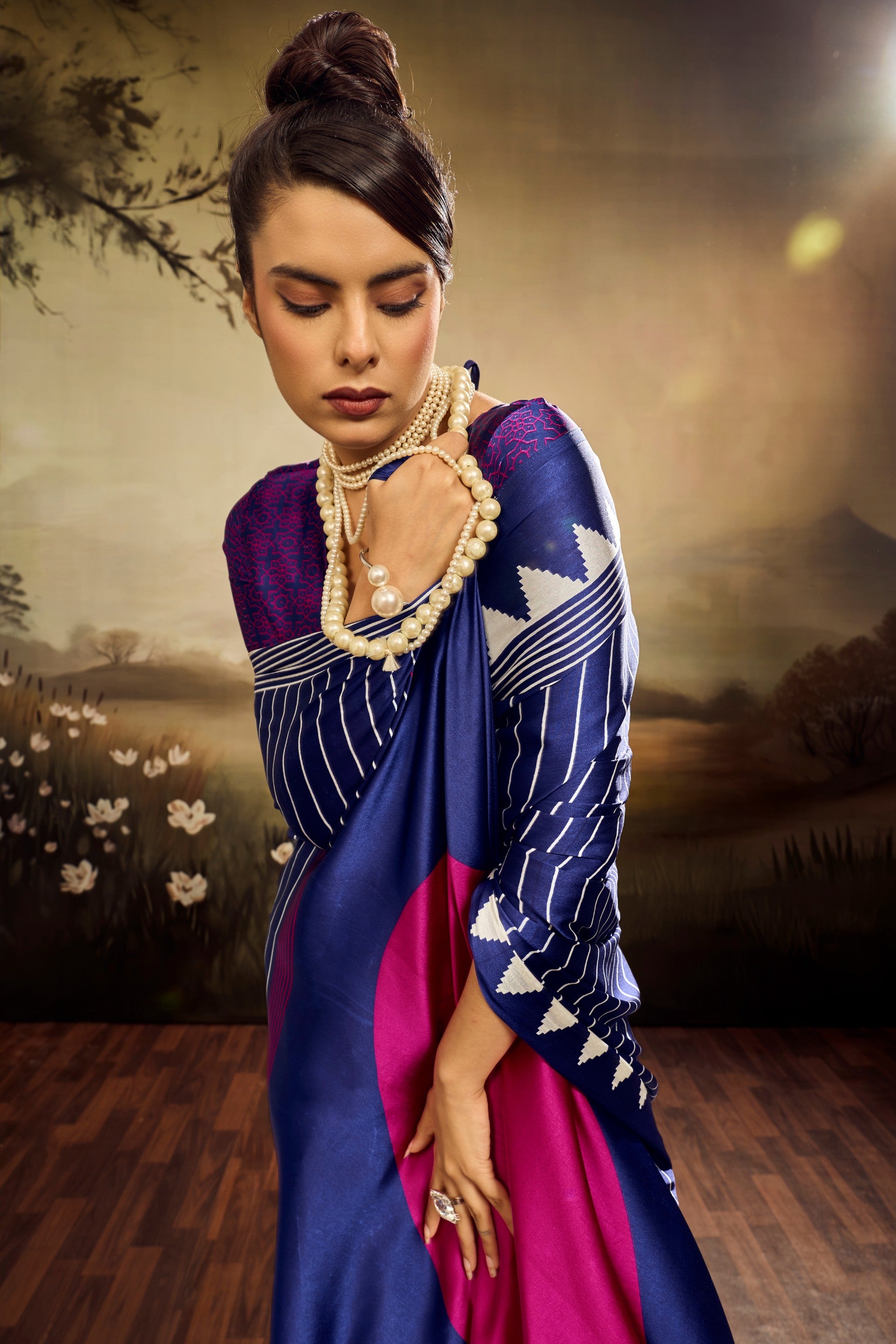 MySilkLove Polynesian Blue Ajrakh Printed Satin Crepe Silk Saree