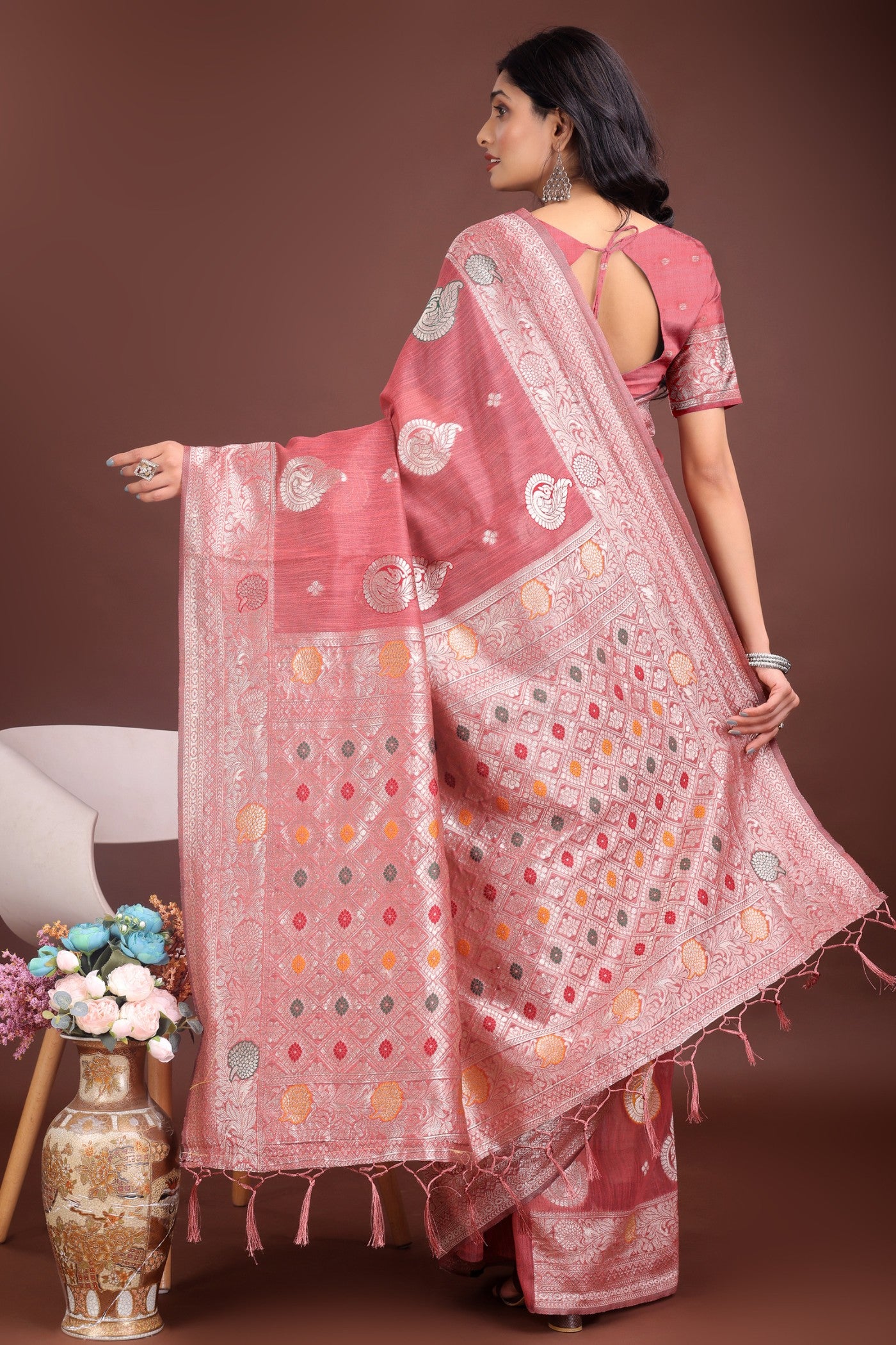 Buy MySilkLove Warm Peach Linen Cotton Saree Online