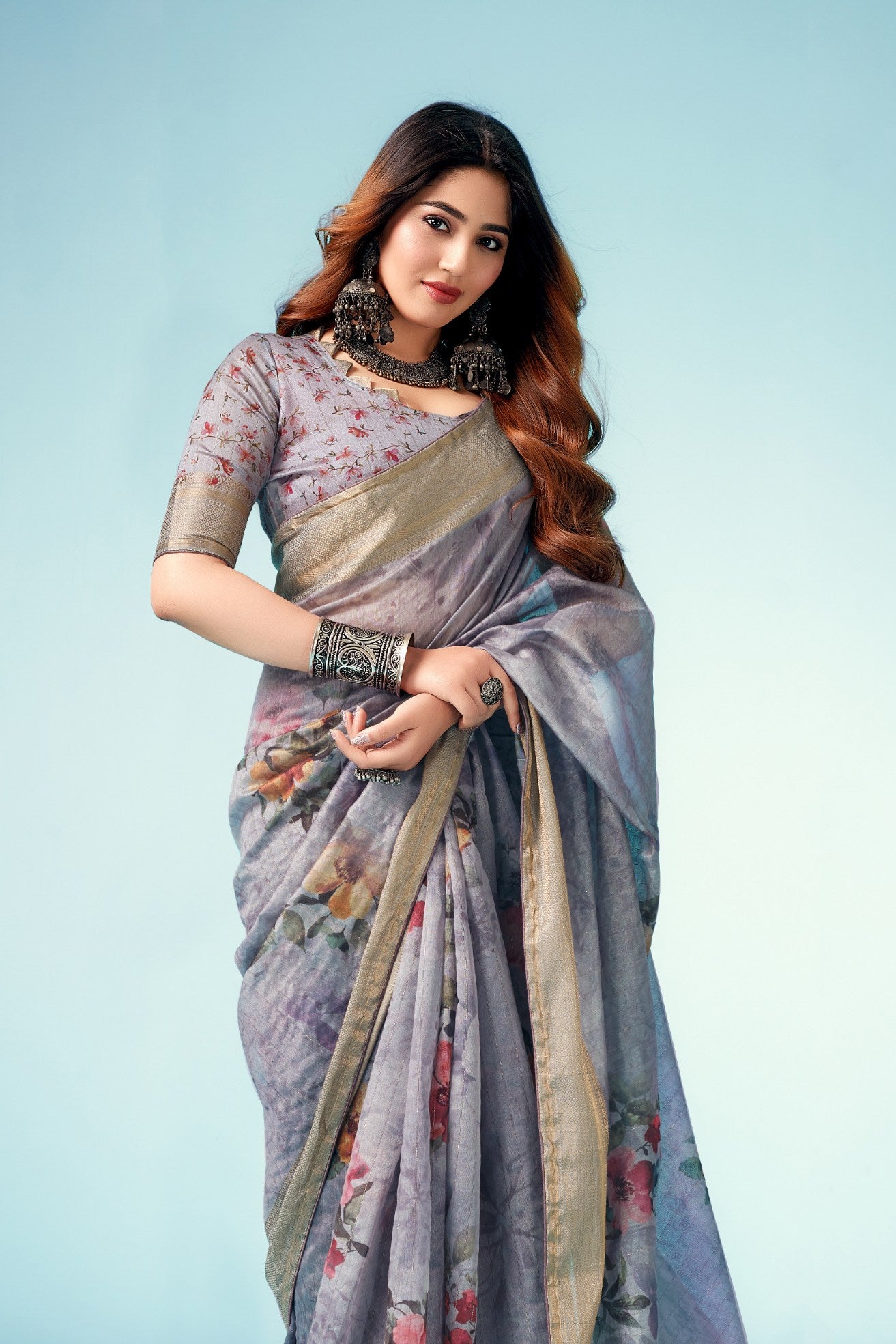 Buy MySilkLove Chatelle Grey Floral Linen Saree Online