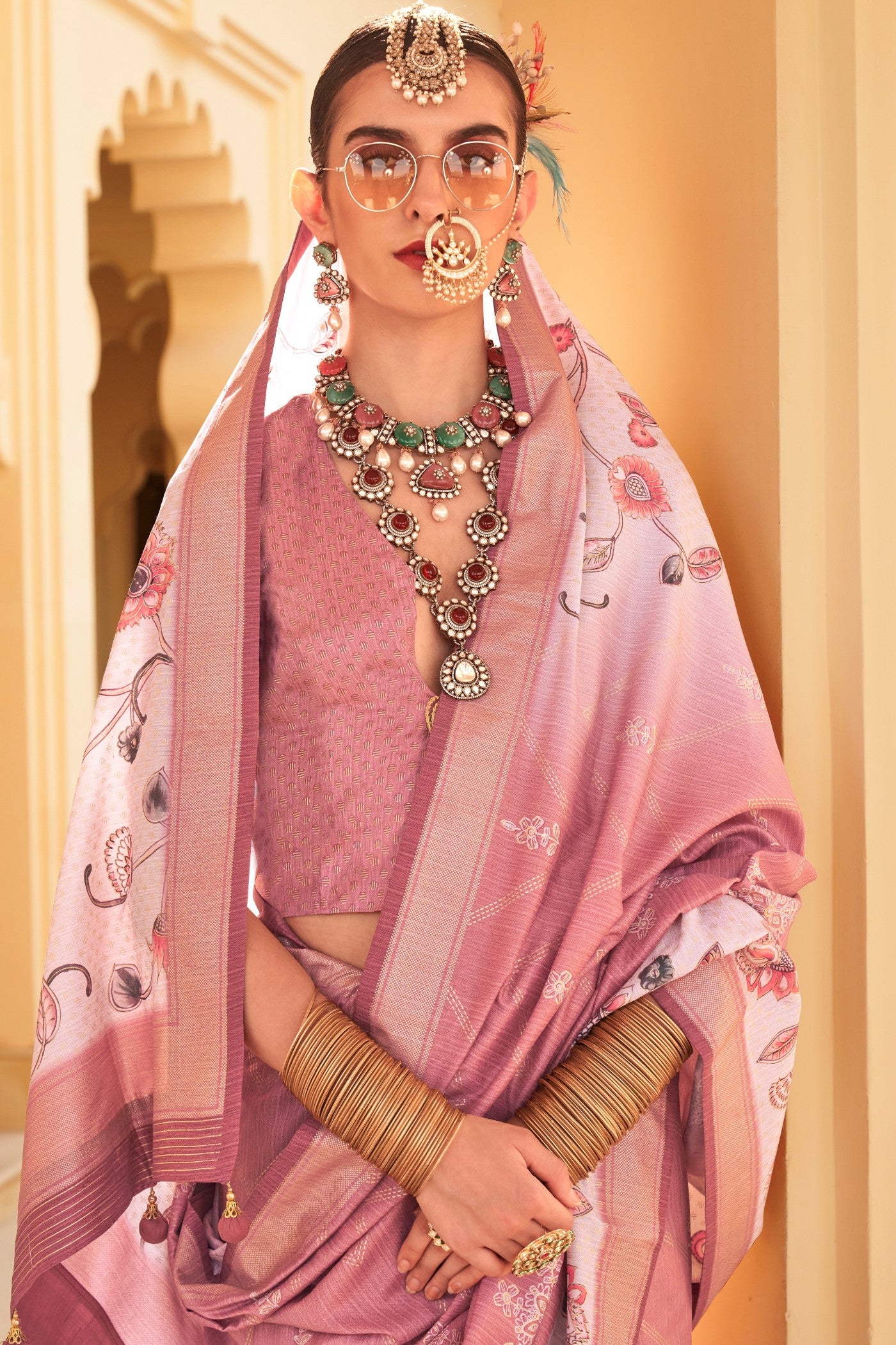 Buy MySilkLove Mauvelous Pink Floral Printed Banarasi Saree Online