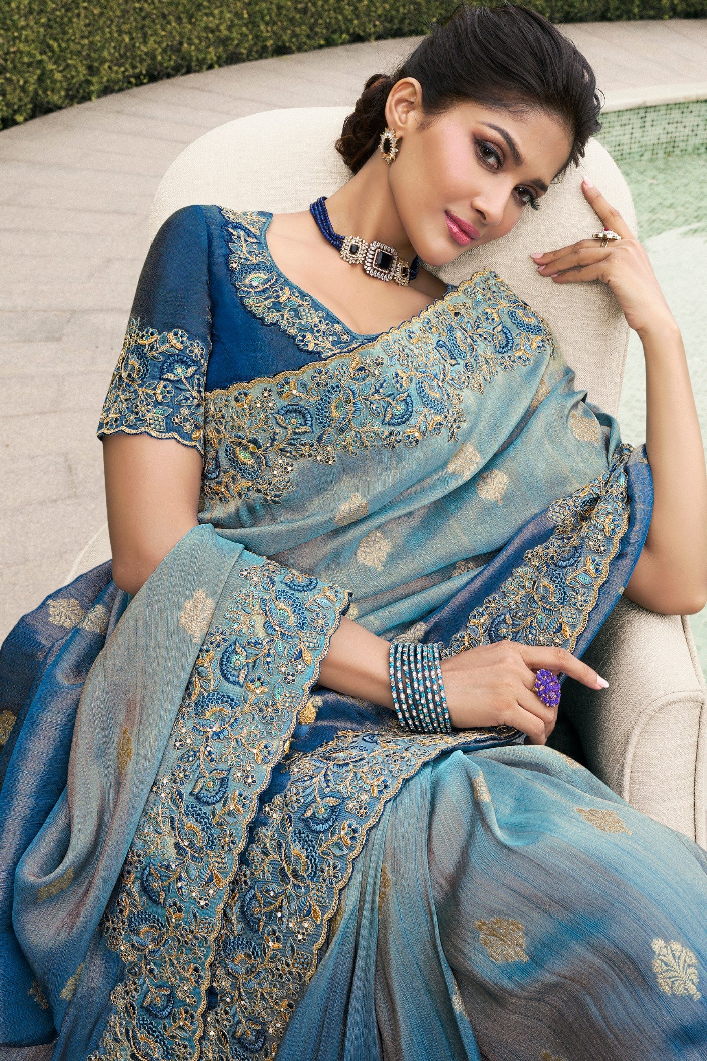 MySilkLove Lynch Blue Banarasi Designer Embroidered Saree