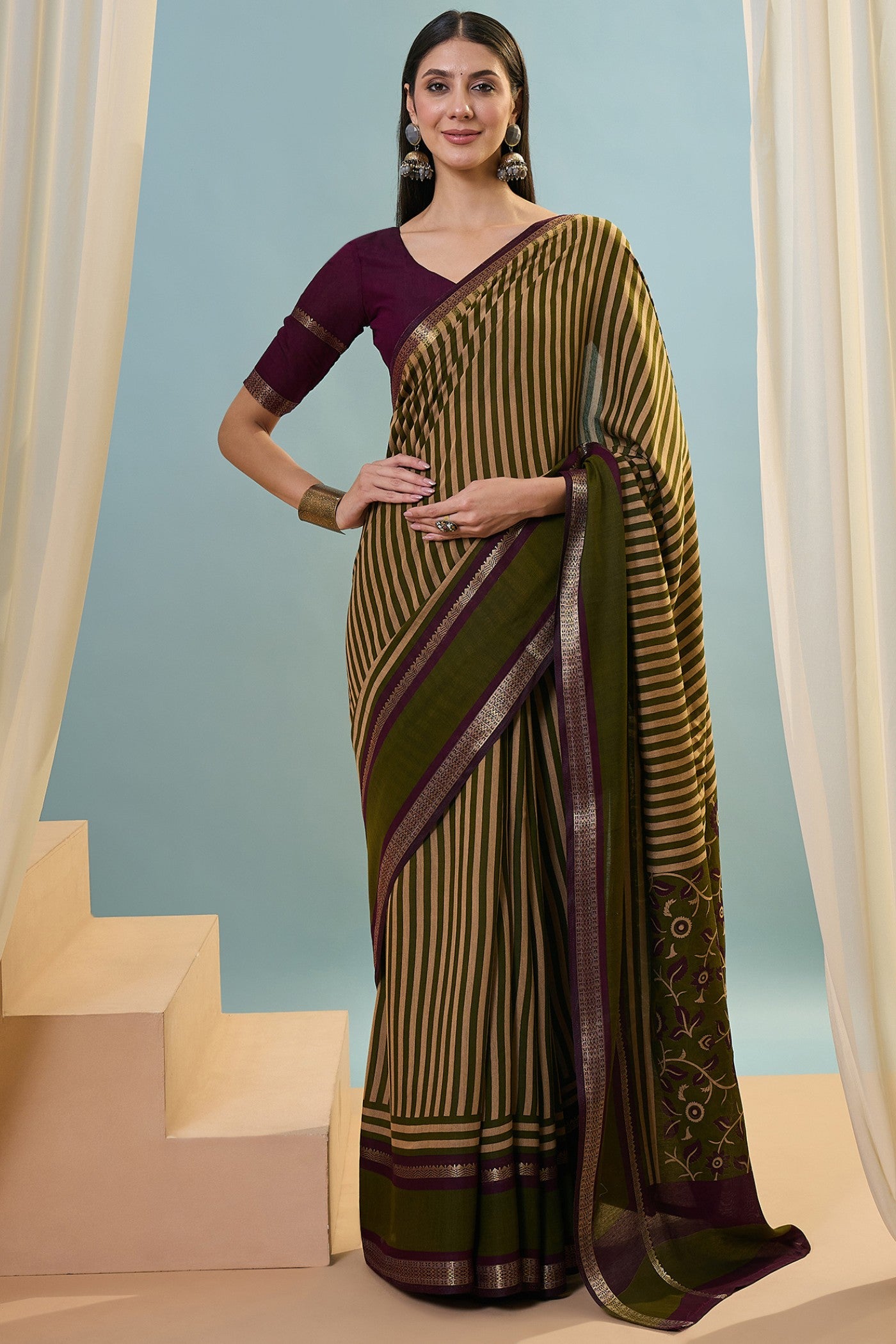 Buy MySilkLove Grass Green Woven Cotton Saree Online