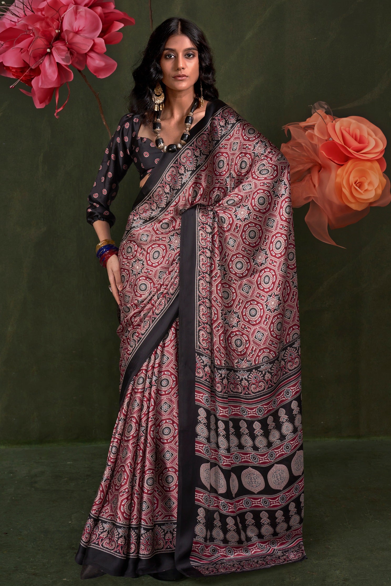 Buy MySilkLove Currant Maroon and Black Ajrakh Printed Satin Crepe Silk Saree Online