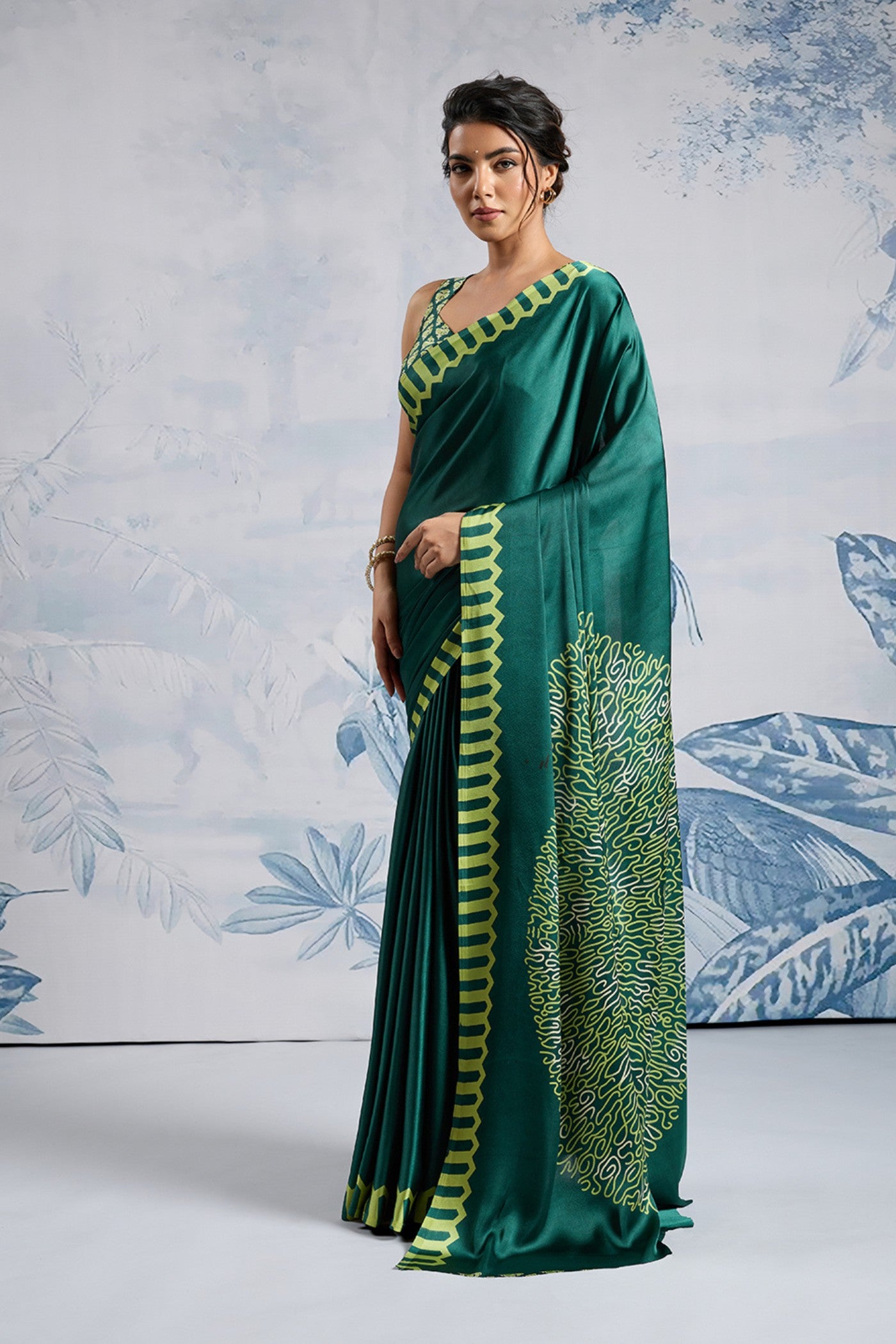 Buy MySilkLove Apple Pop Green Printed Satin Crepe Silk Saree Online