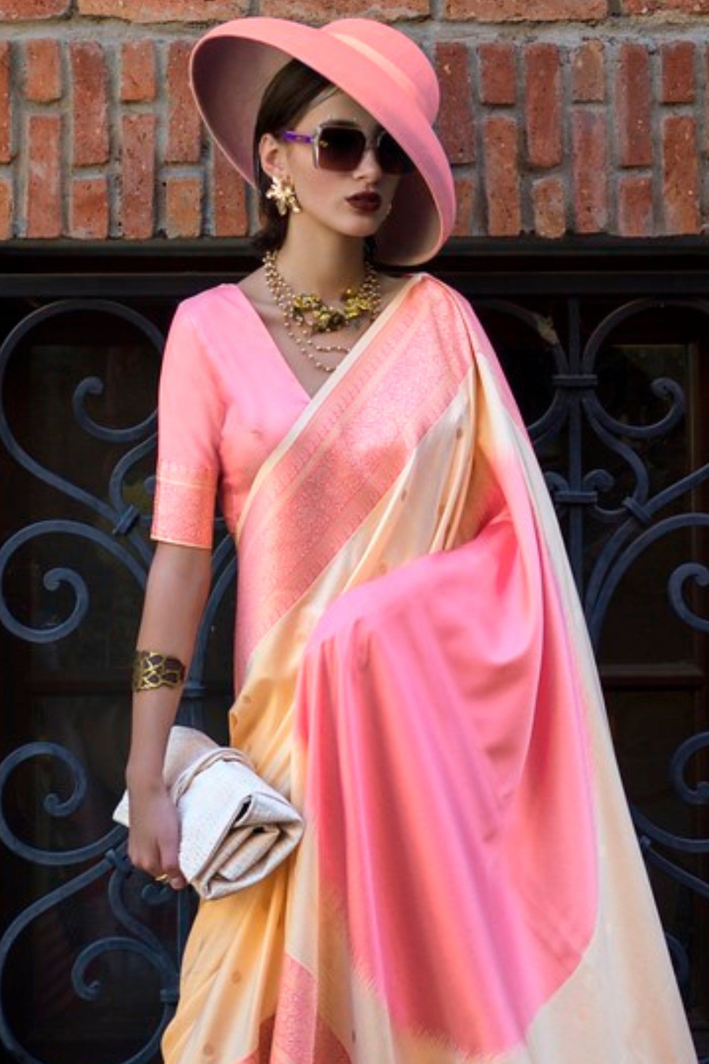 Buy MySilkLove Mancho Cream and Pink Banarasi Handloom Saree Online