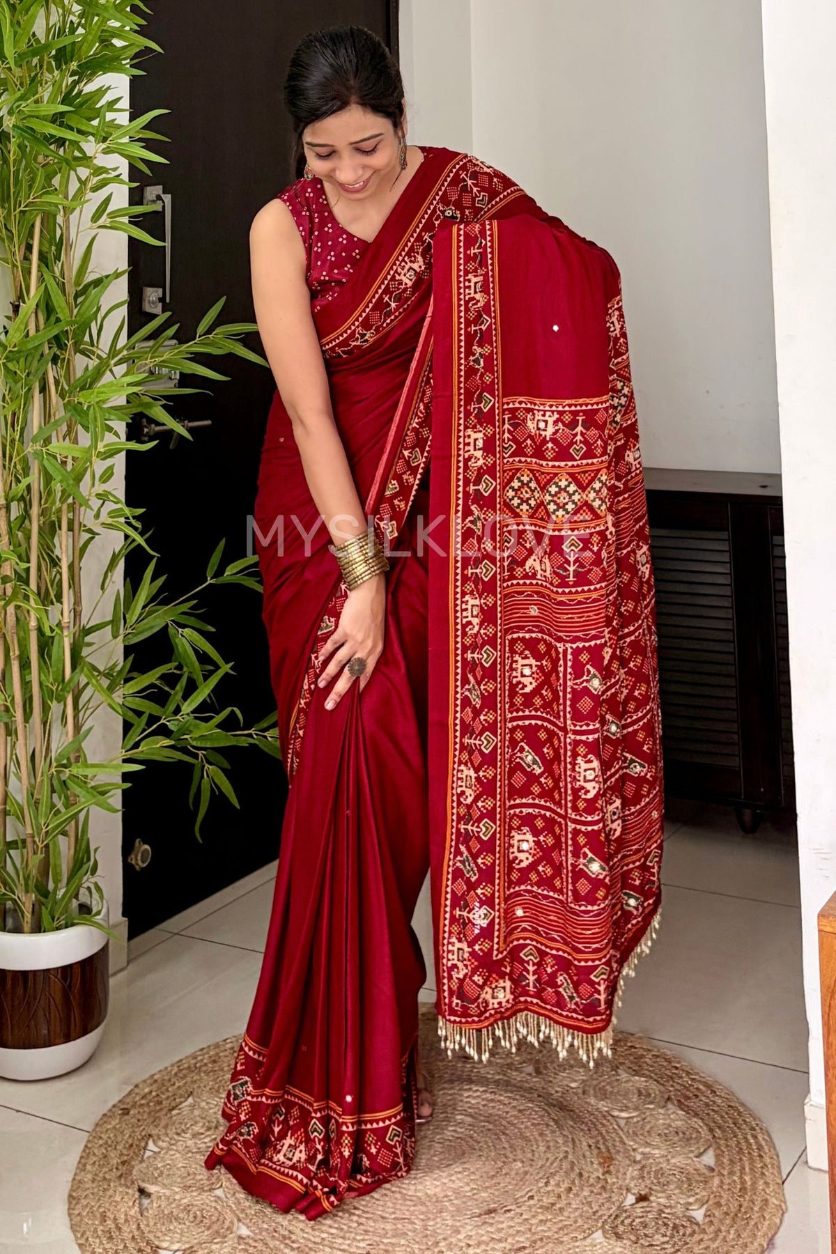 Buy MySilkLove Vermilion Red Patola Pallu Embroidery Mirror Work Modal Soft Silk Saree Online